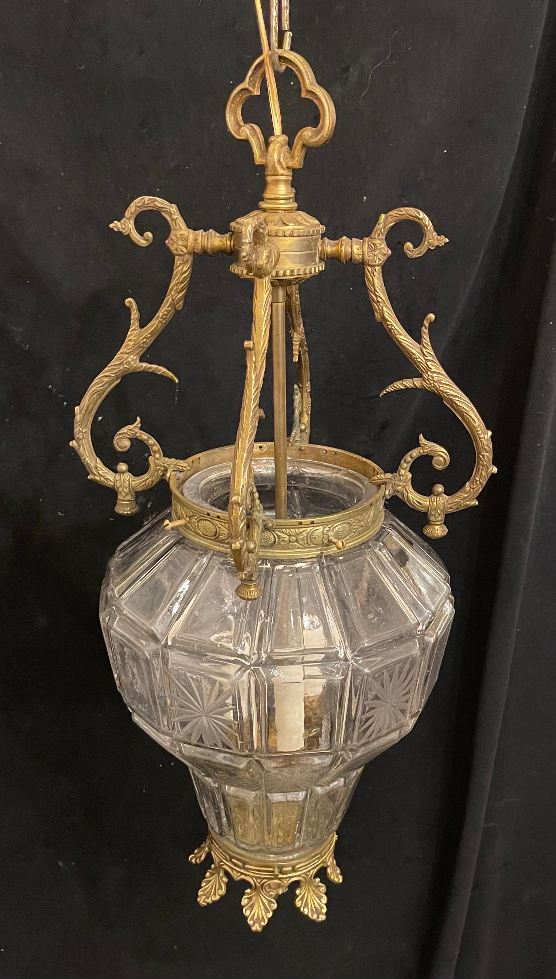 Wonderful Large French Bronze Regency Empire Etched Glass Panel Lantern Fixture In Good Condition For Sale In Roslyn, NY