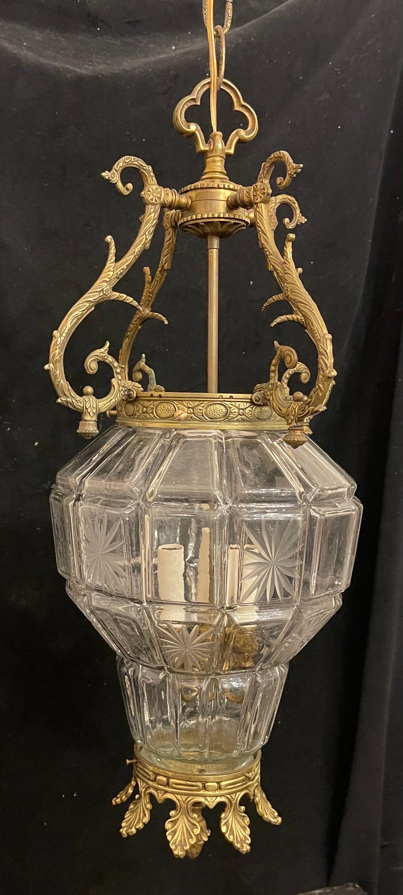 Wonderful Large French Bronze Regency Empire Etched Glass Panel Lantern Fixture For Sale 1