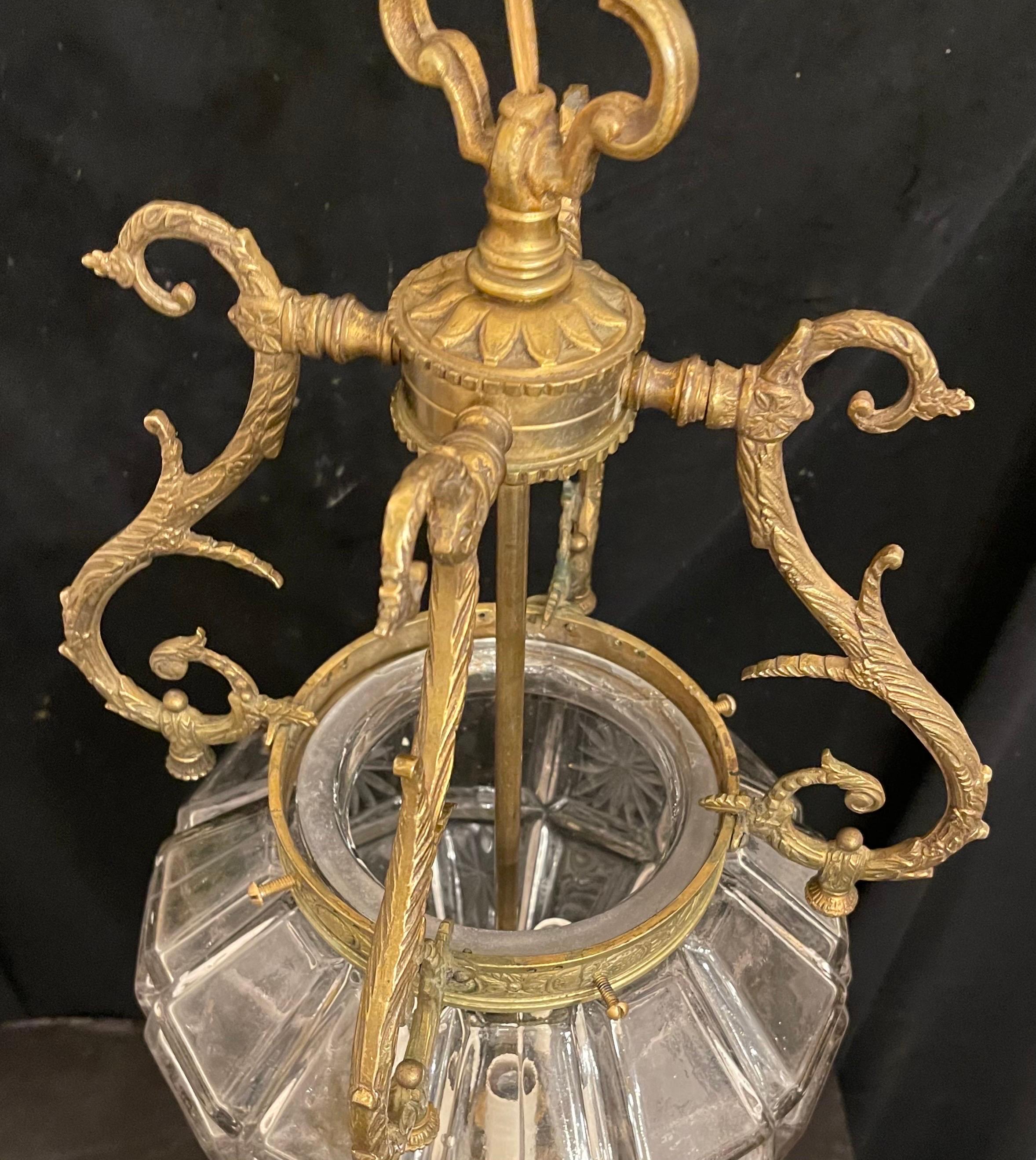 Wonderful Large French Bronze Regency Empire Etched Glass Panel Lantern Fixture For Sale 2