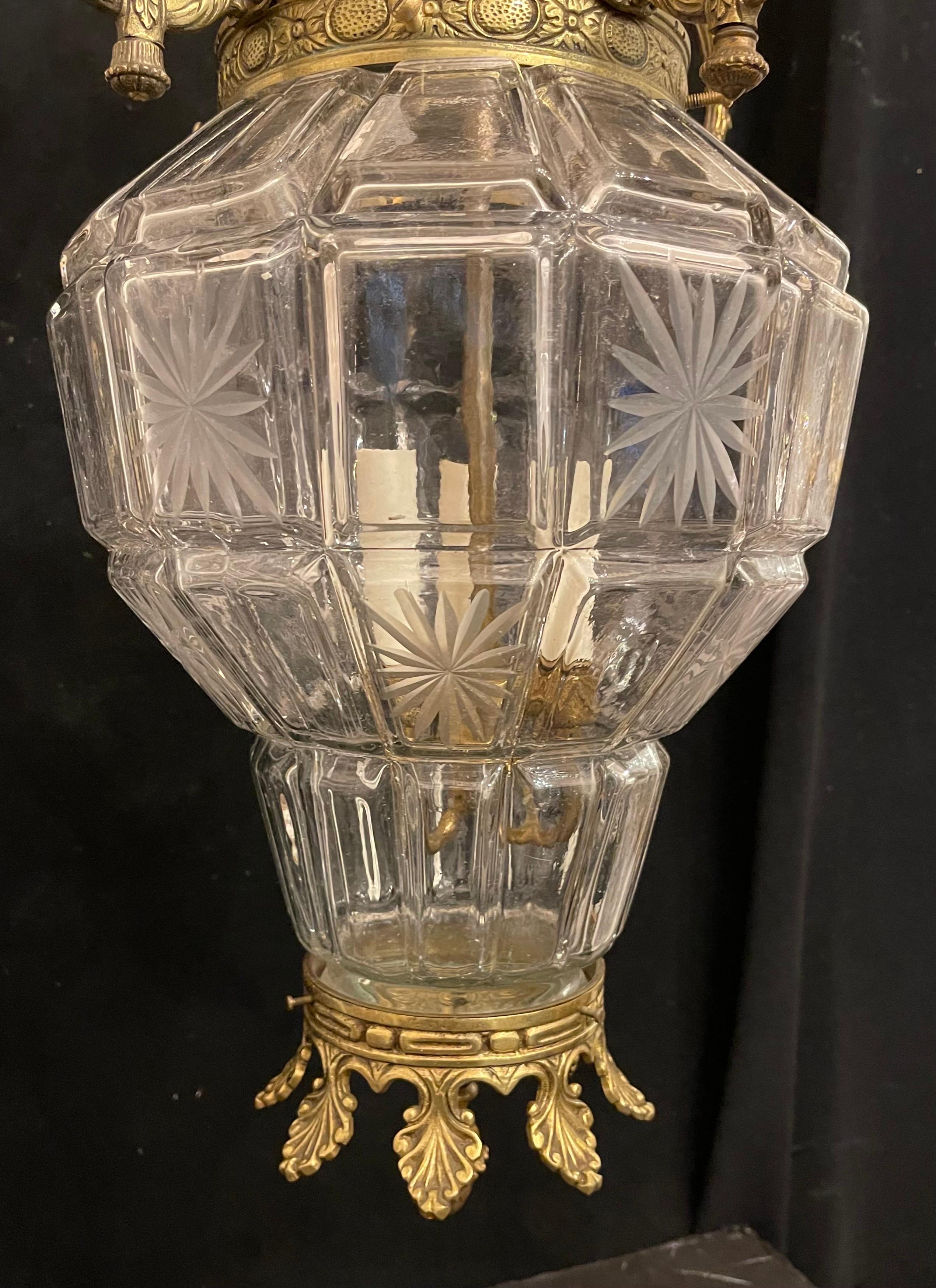 Wonderful Large French Bronze Regency Empire Etched Glass Panel Lantern Fixture For Sale 3