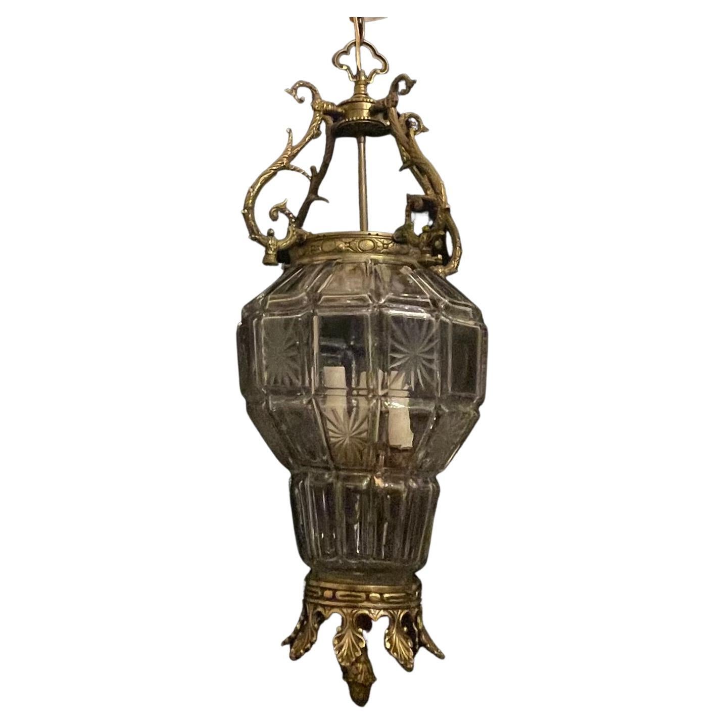 Wonderful Large French Bronze Regency Empire Etched Glass Panel Lantern Fixture For Sale