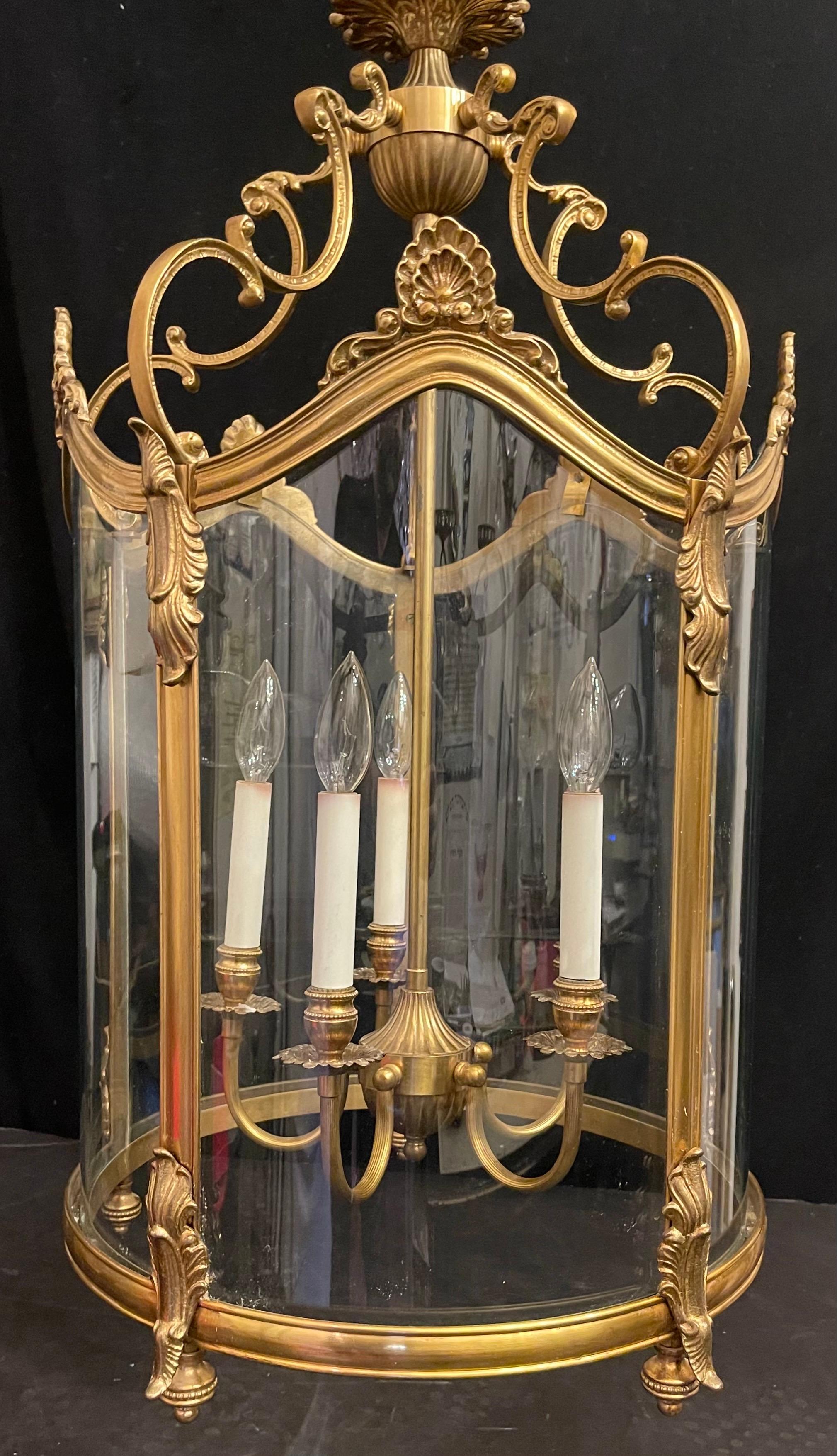 A Wonderful Large French Dore Bronze Rococo Louis XV Style With Original Bent / Curved Blown Glass 5 Candelabra Light Lantern Chandelier Fixture

Recently Rewired And Comes With Chain And Canopy
