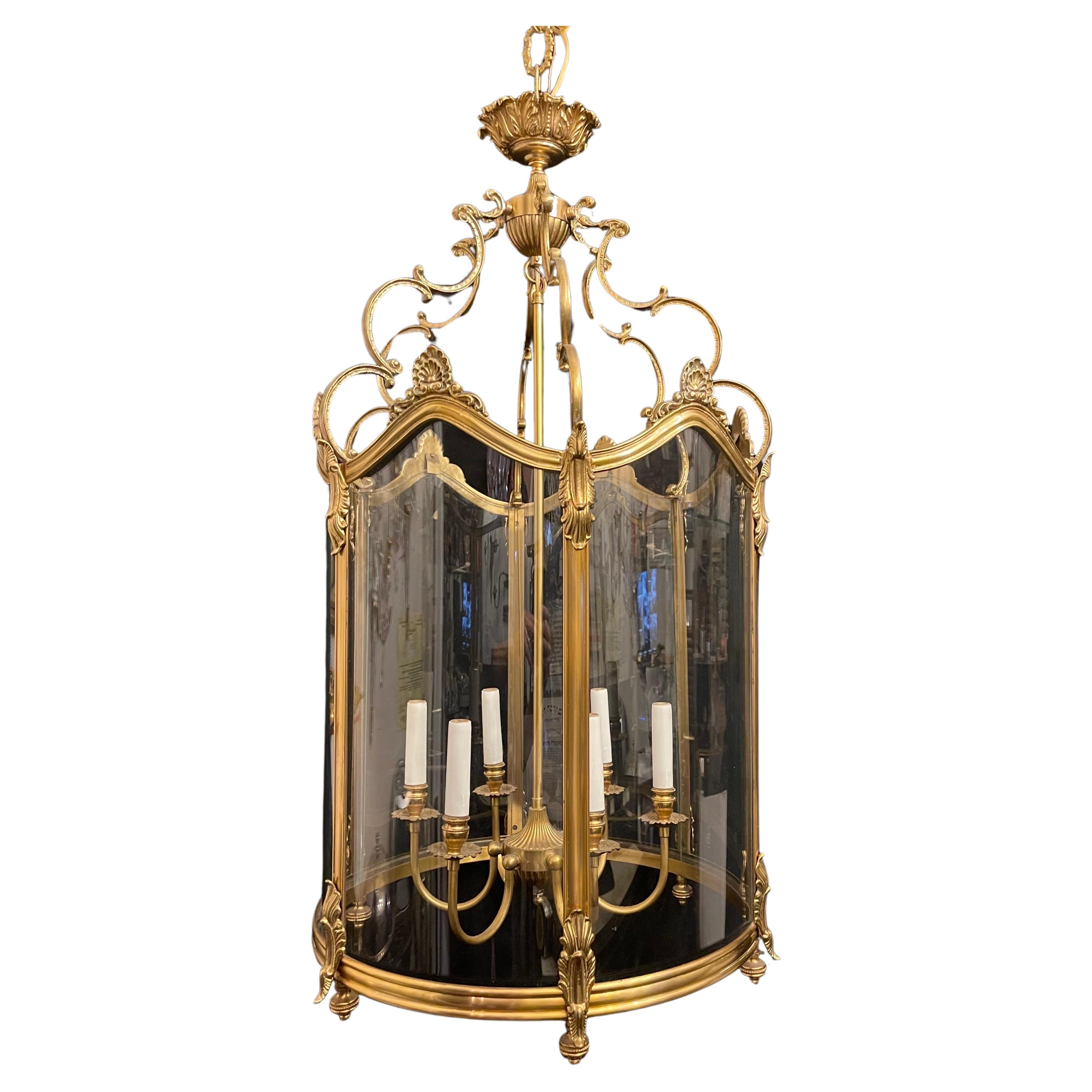 A Wonderful Large French Dore Bronze Rococo Louis XV Style With Original Bent / Curved Blown Glass 6 Candelabra Light Lantern Chandelier Fixture

Recently Rewired And Comes With Chain And Canopy