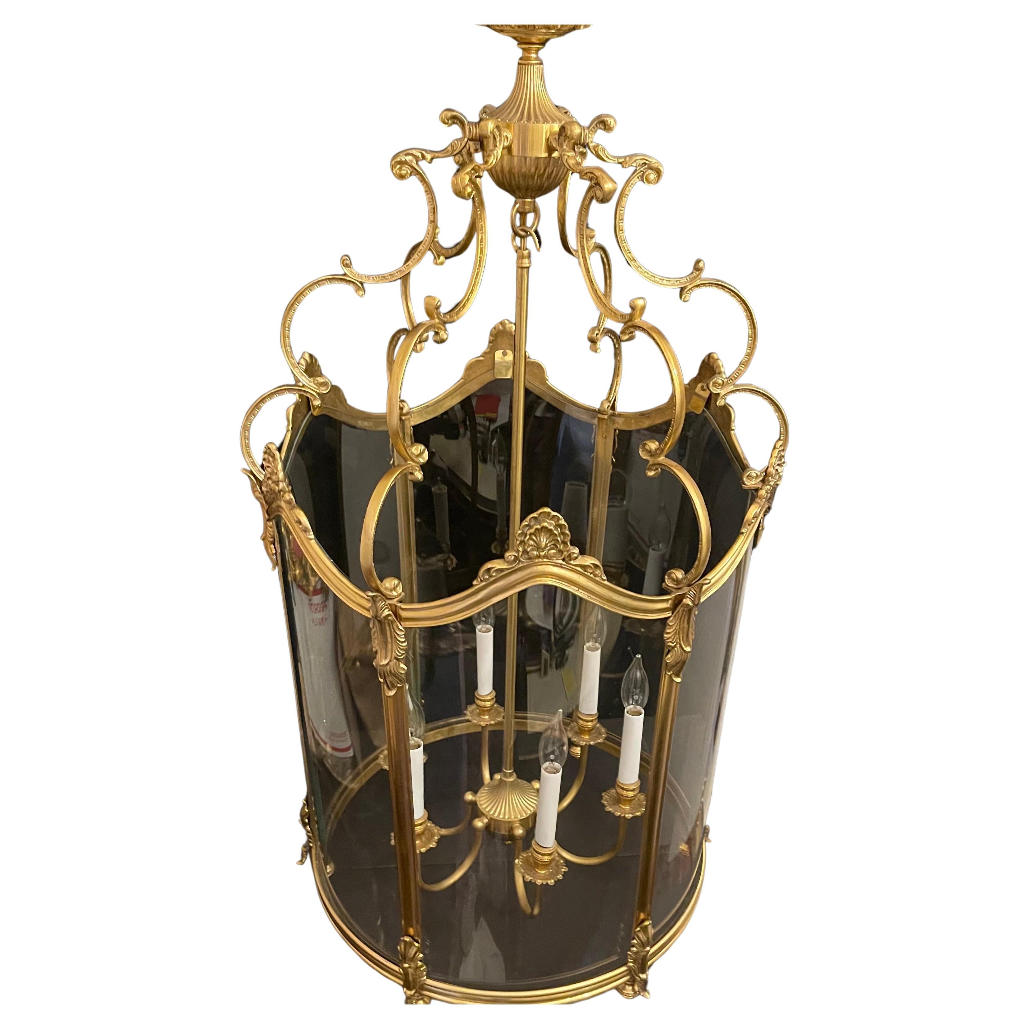 A Wonderful Large French Dore Bronze Rococo Louis XV Style With Original Bent / Curved Blown Glass 6 Candelabra Light Lantern Chandelier Fixture

Recently Rewired And Comes With Chain And Canopy