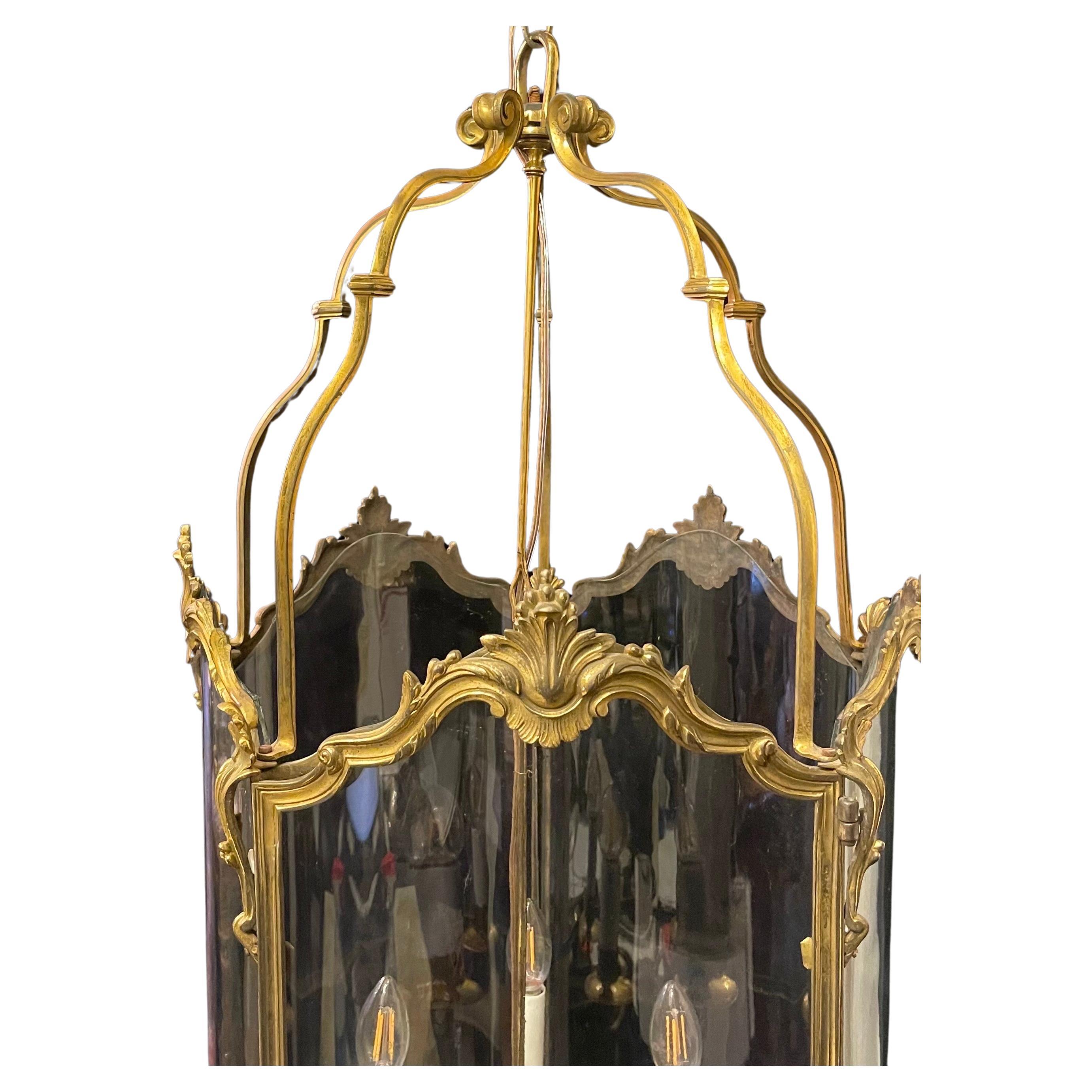 Wonderful Large French Dore Bronze Rococo Louis XV  Lantern Chandelier Fixture In Good Condition For Sale In Roslyn, NY