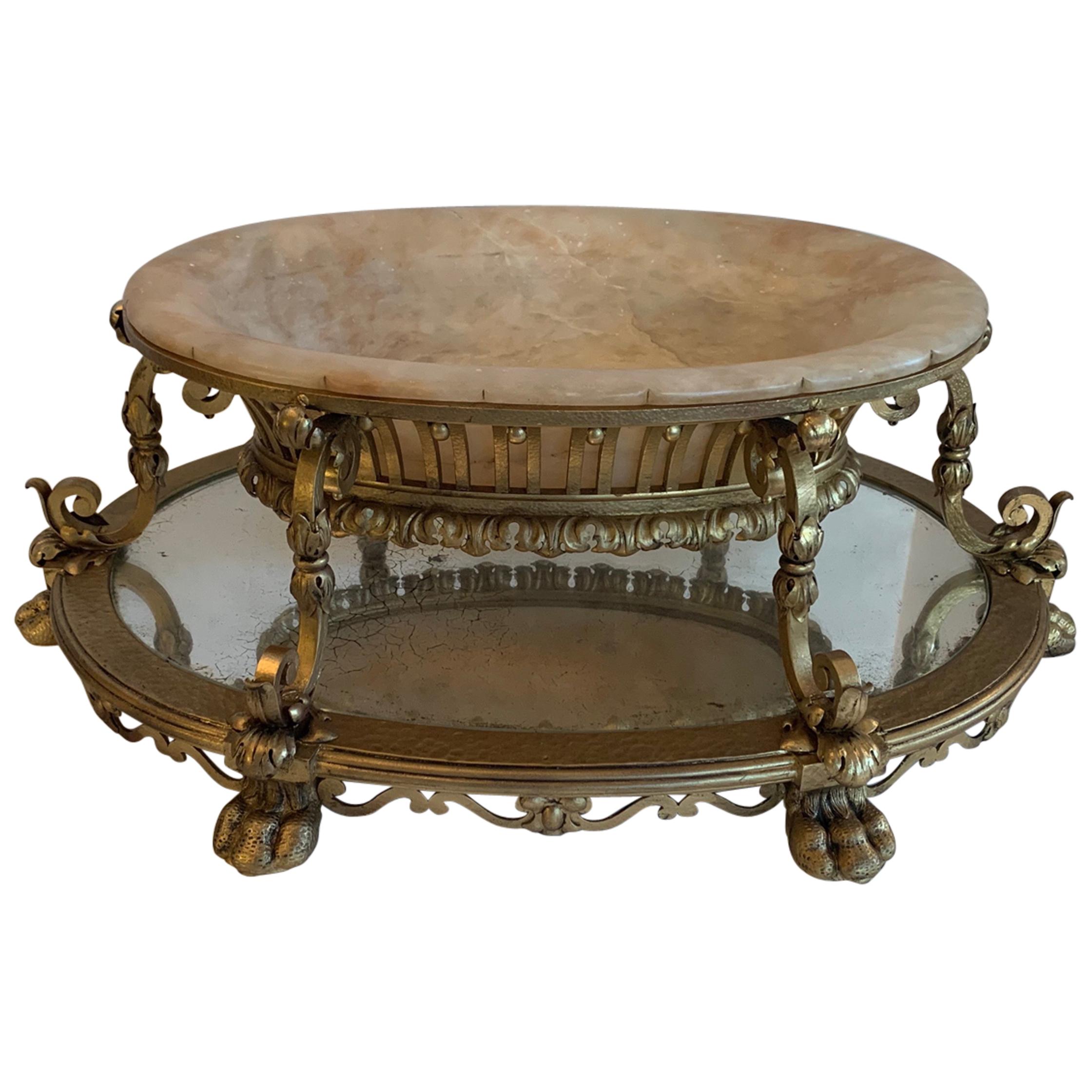 Wonderful Large French Gilt Iron Marble Inset Caldwell Centerpiece Jardinière For Sale