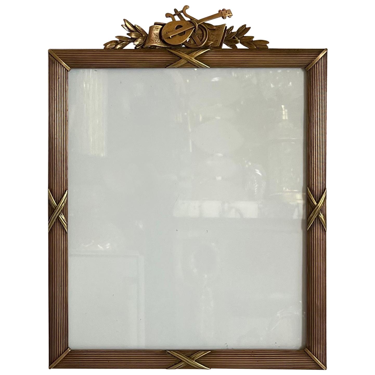 Wonderful Large French Louis XVI Bronze Picture Frame Lute Instruments Crown For Sale