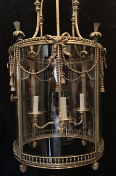 Wonderful Large French Ormolu Bronze Bow Ribbon Tassel Swags Lantern Fixture