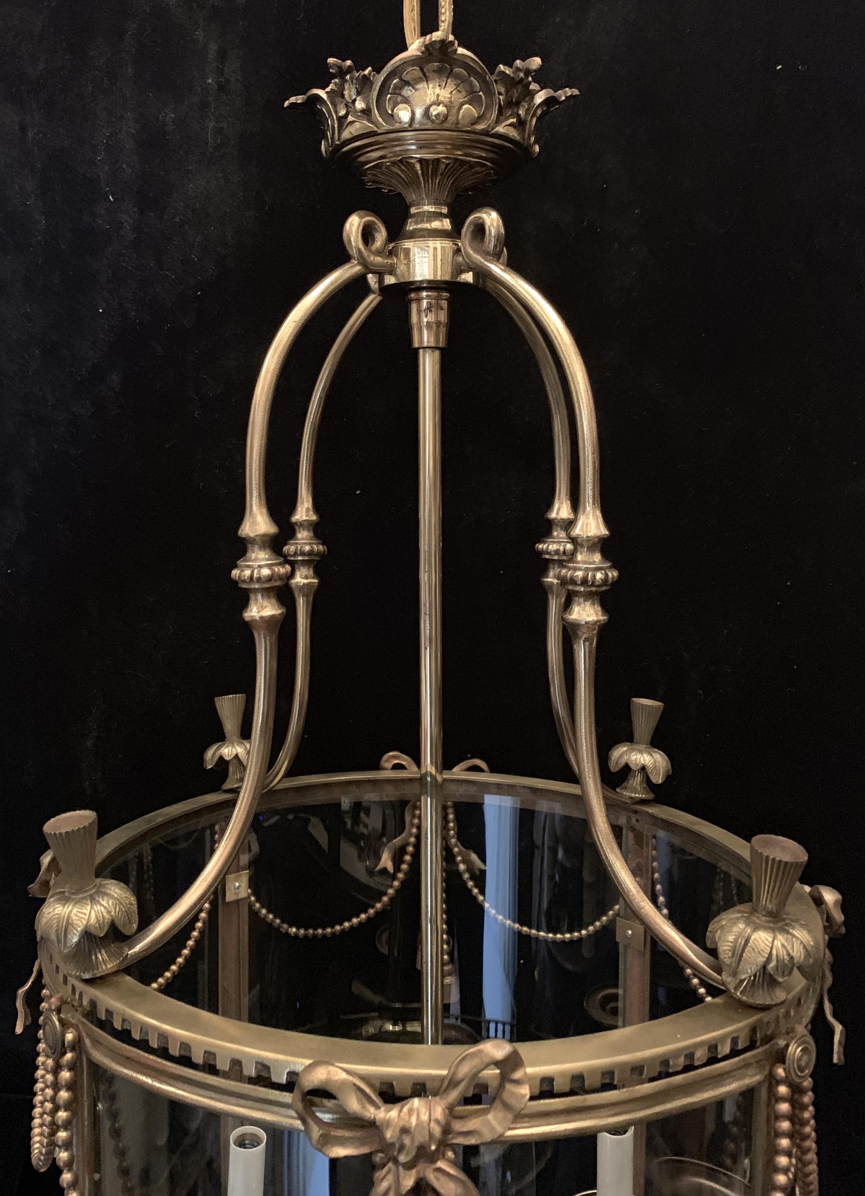 Neoclassical Wonderful Large French Ormolu Bronze Bow Ribbon Tassel Swags Lantern Fixture For Sale