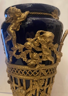 Wonderful Large French Sevres Cobalt Blue Bronze Cherub Putti Ormolu Urn Vase