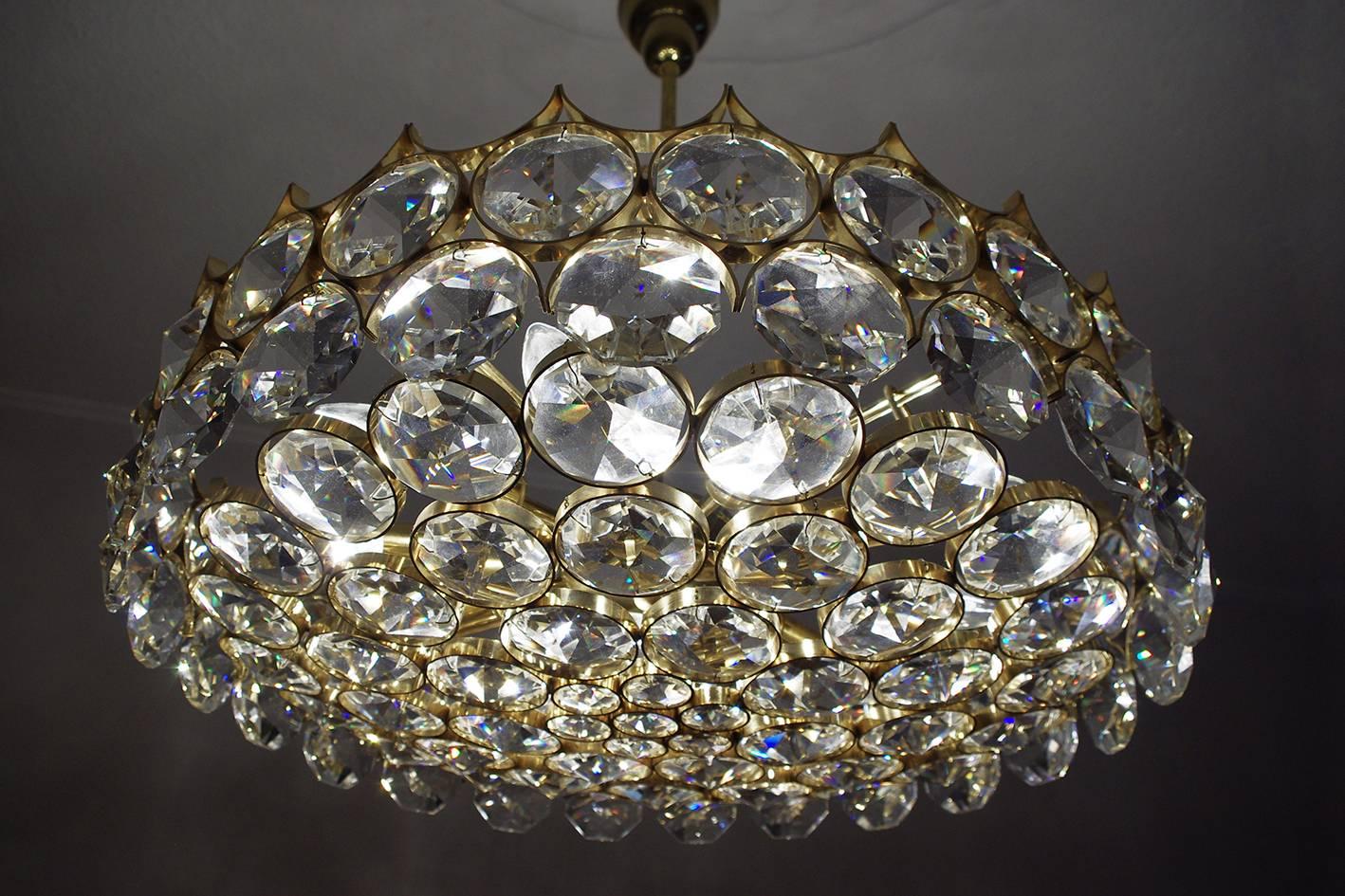 German Wonderful Large Gilt Brass and Glass Ceiling Light Chandelier by Palwa, 1960s For Sale