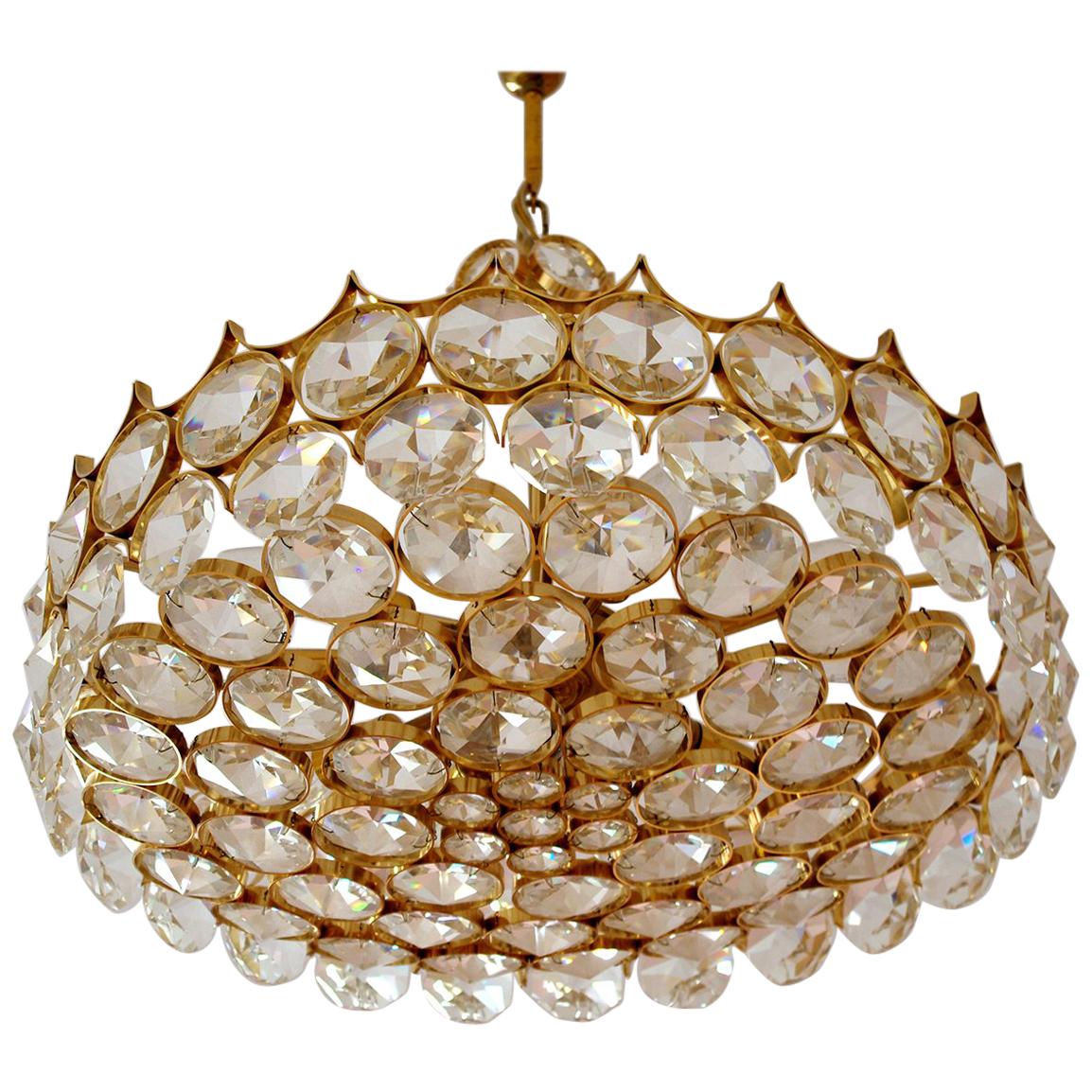 Wonderful Large Gilt Brass and Glass Ceiling Light Chandelier by Palwa, 1960s For Sale