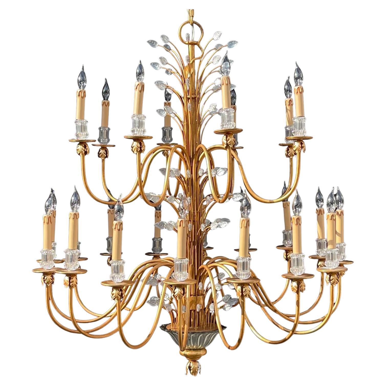 Wonderful Large Gold Gilt Baguès Art Glass Leaf Bouquet Chandelier Light Fixture For Sale