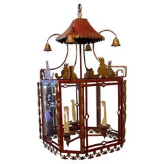 Wonderful Large Hand Painted Tole Pagoda Octagonal Chinoiserie Lantern Fixture