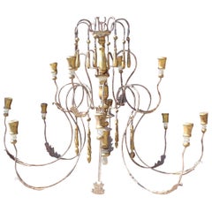 Wonderful Large Italian Gold Giltwood White Wash 12-Arm Modern Rustic Chandelier