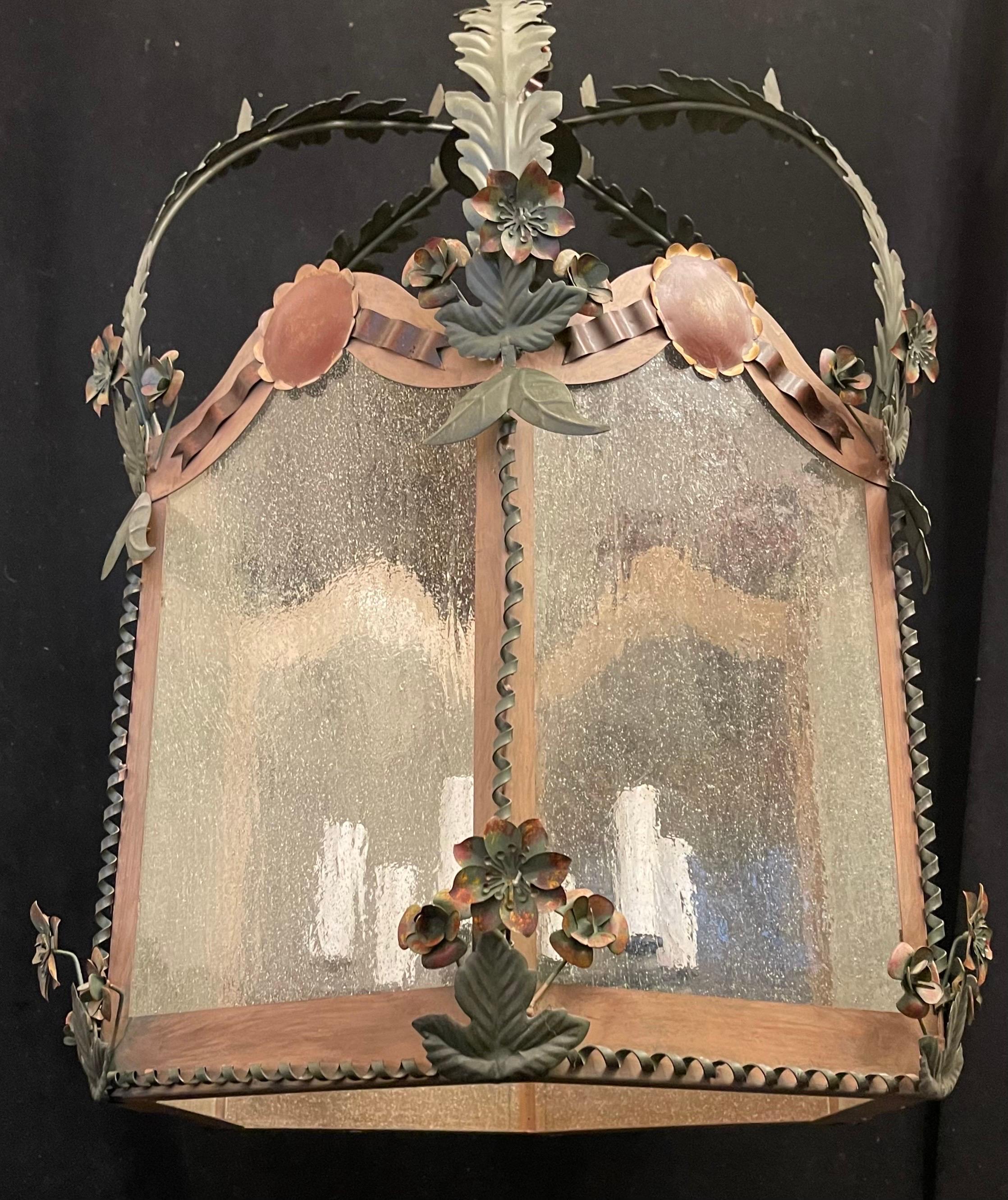 Wonderful Large Italian Painted Tole Glass Lantern Fixture Ribbons Bows Flowers In Good Condition For Sale In Roslyn, NY