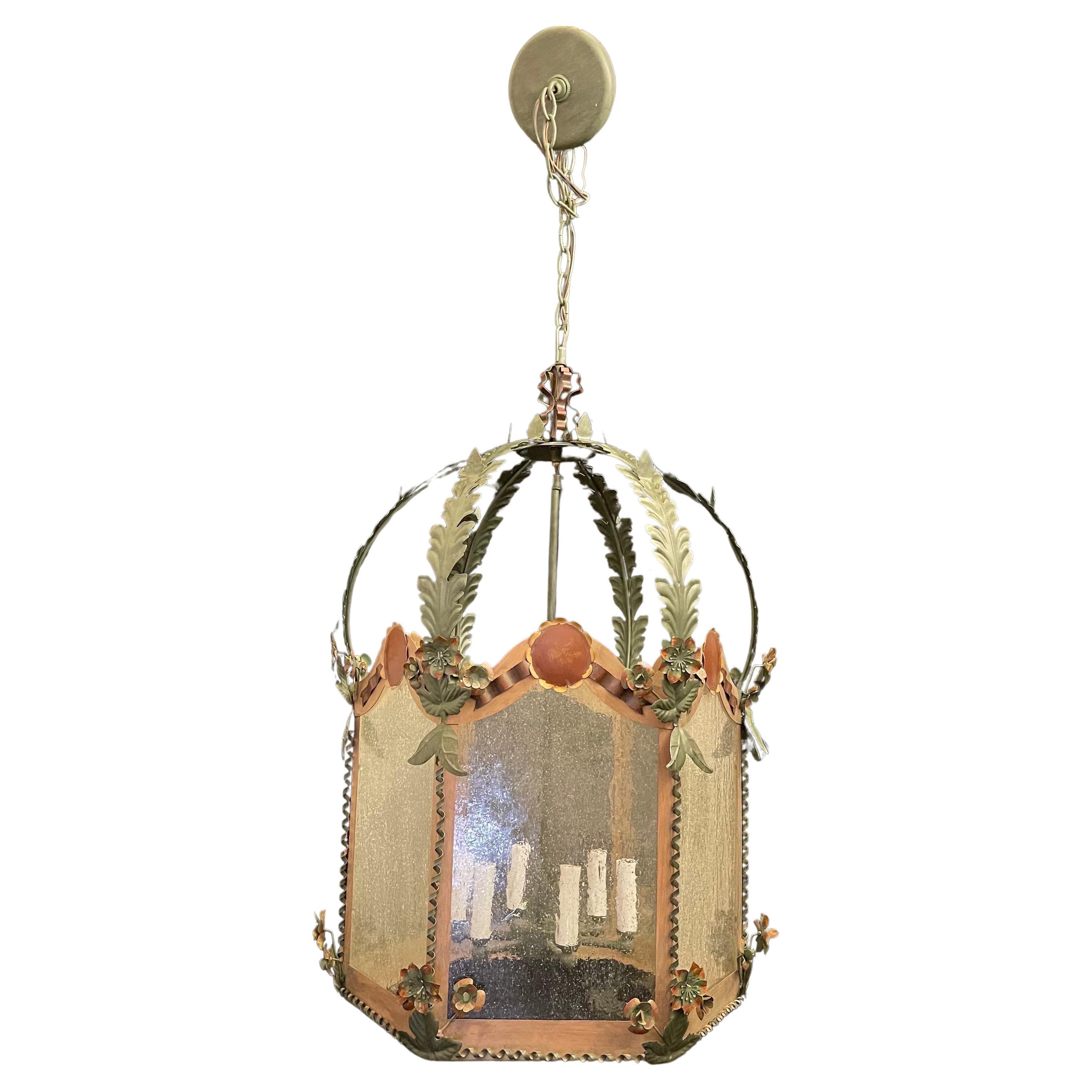 Wonderful Large Italian Painted Tole Glass Lantern Fixture Ribbons Bows Flowers For Sale