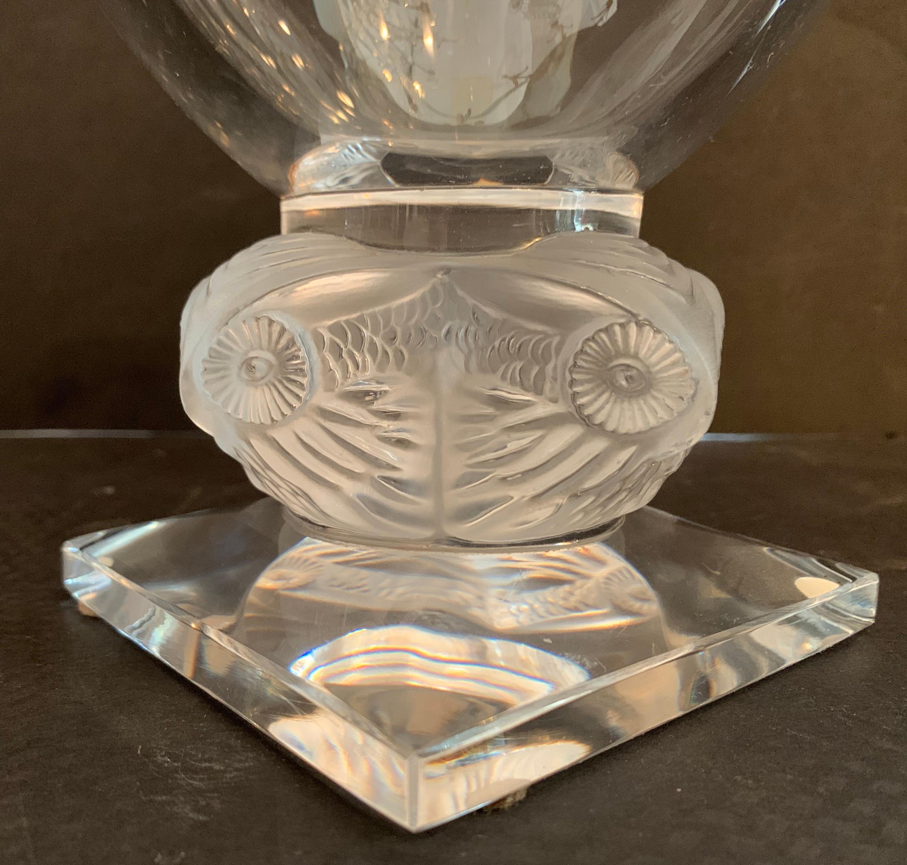 French Wonderful Large Lalique France Crystal Grand Ducs Owl Frosted Clear Vase For Sale