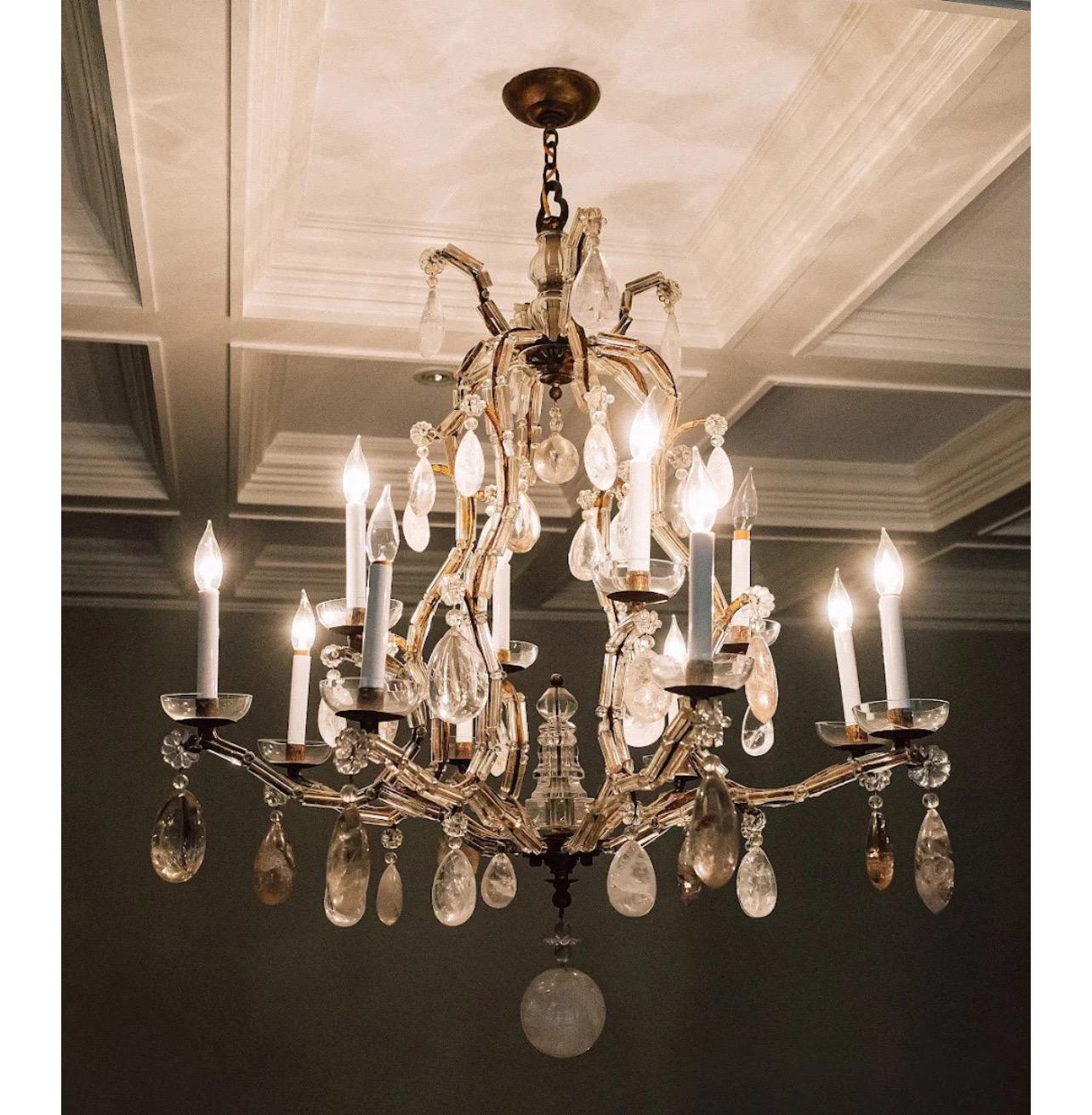 A Wonderful Large Maison Bagues Style Gold Gilt With Glass Bird Cage Frame And Rock Crystal Drops 2 Tier 12 Candelabra Light Chandelier Finished With A Rock Crystal Ball