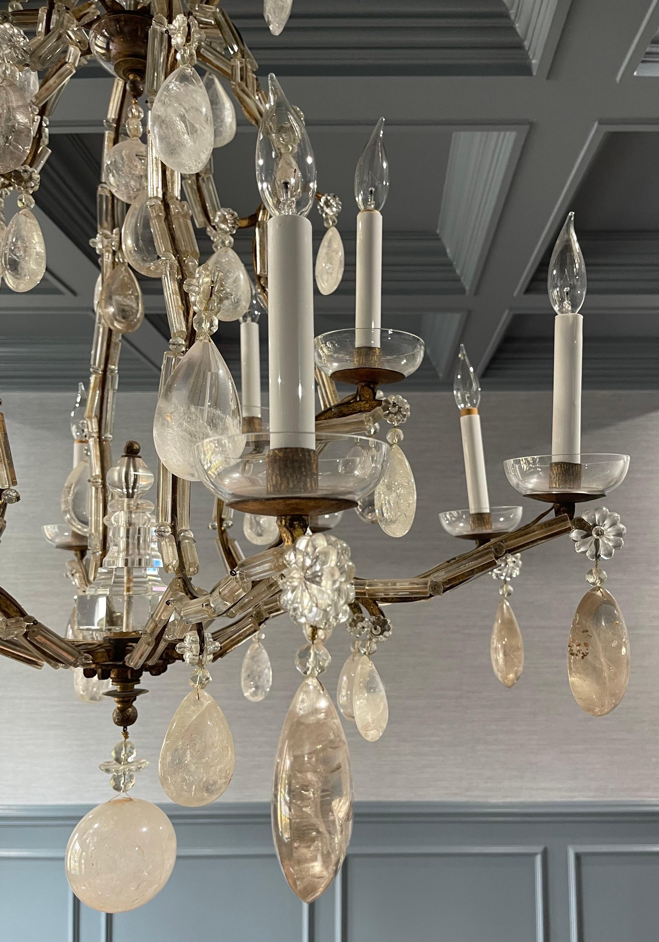 Dorato Wonderful Large Maison Bagues Gold Gilt Glass Bird Cage Rock Crystal Chandelier in vendita