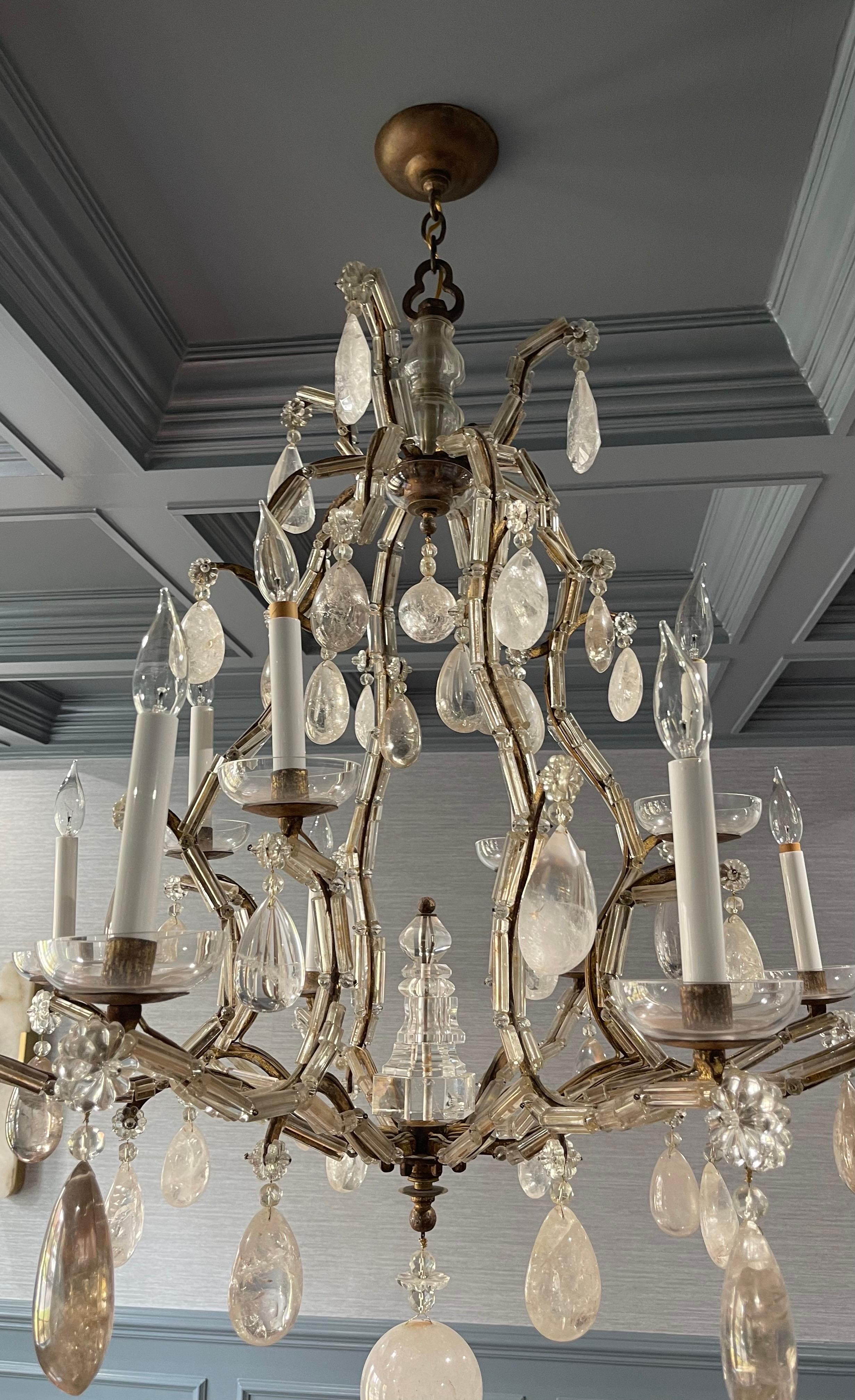 XX secolo Wonderful Large Maison Bagues Gold Gilt Glass Bird Cage Rock Crystal Chandelier in vendita