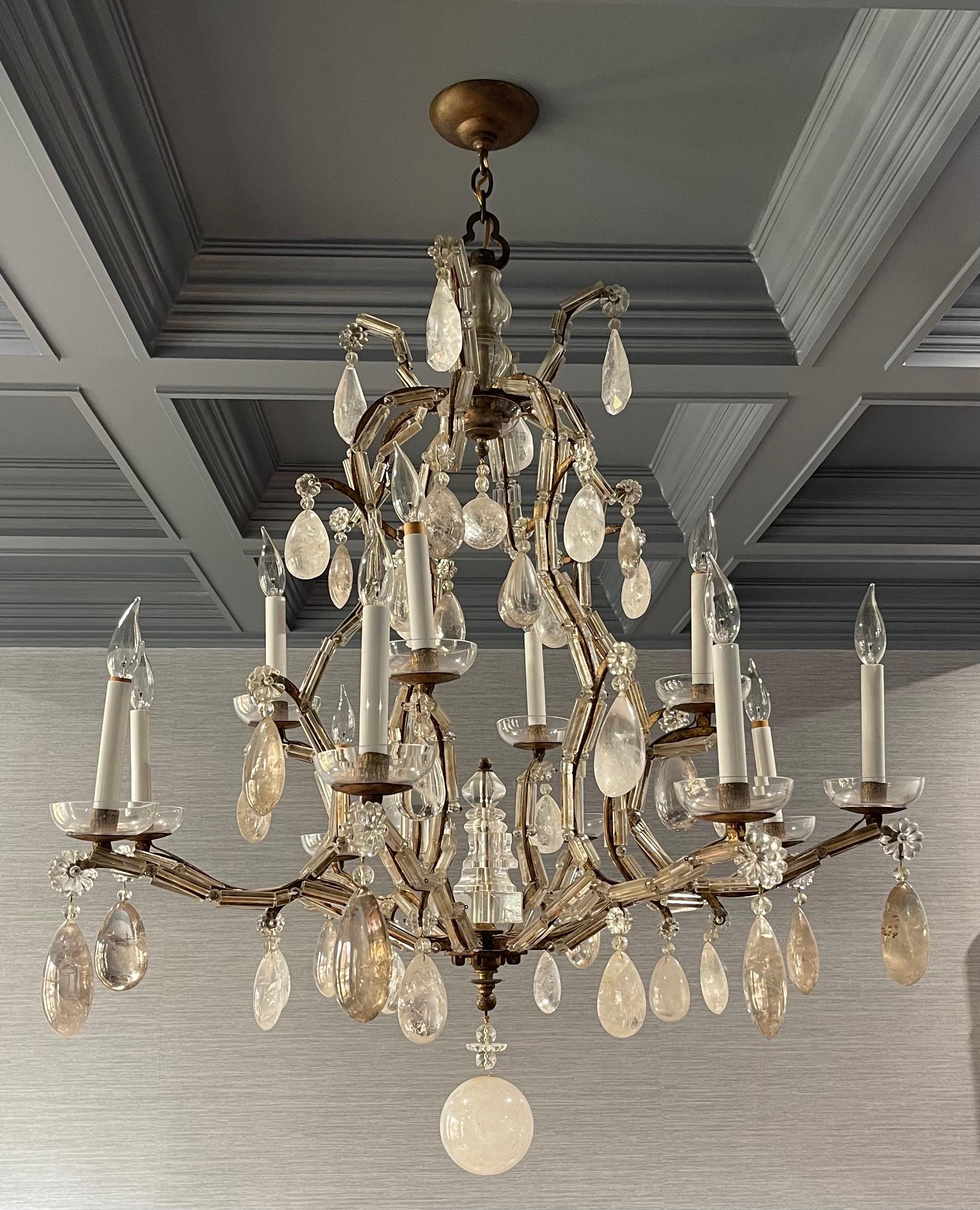 Cristallo di rocca Wonderful Large Maison Bagues Gold Gilt Glass Bird Cage Rock Crystal Chandelier in vendita