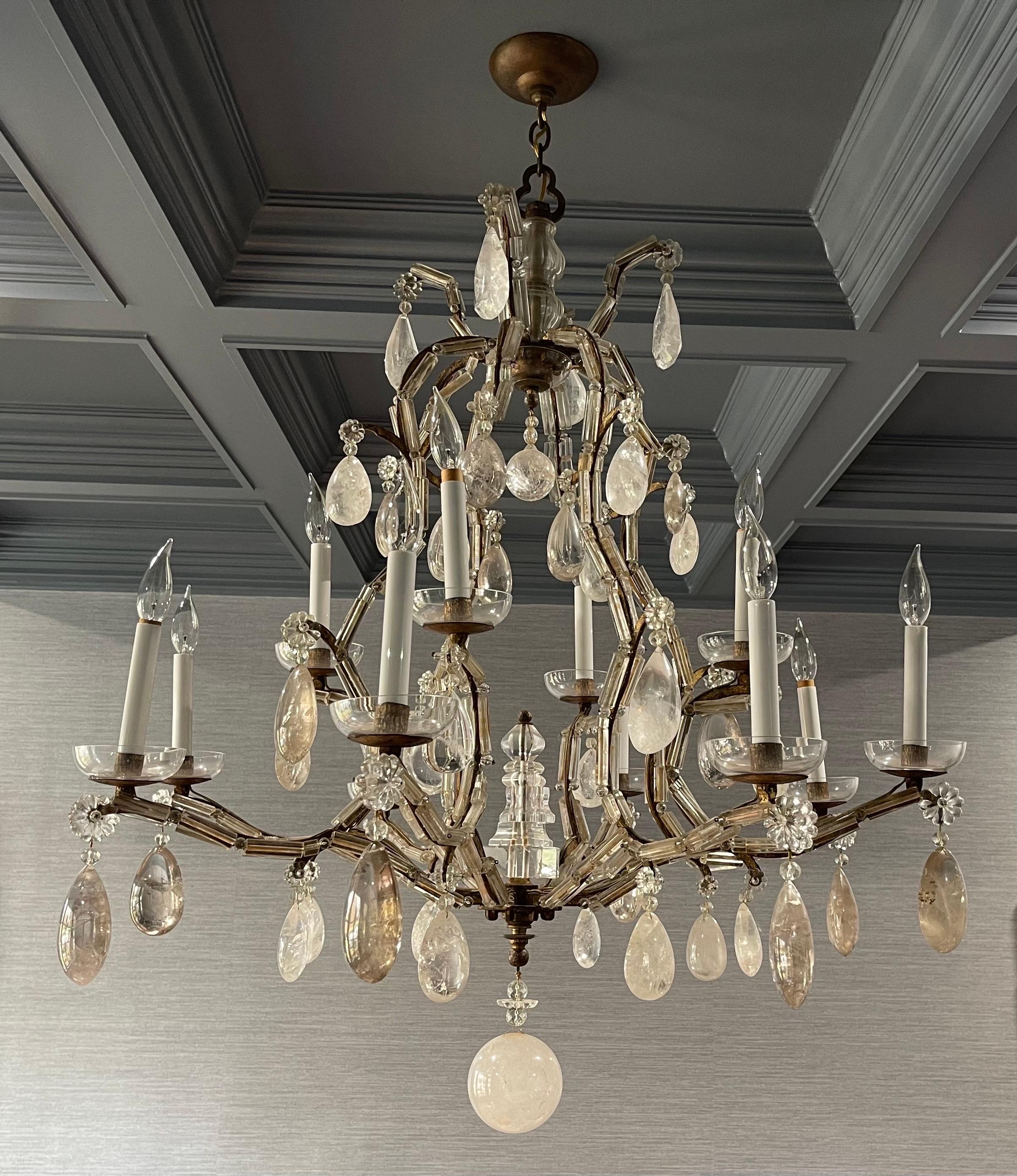 Wonderful Large Maison Bagues Gold Gilt Glass Bird Cage Rock Crystal Chandelier in vendita 1