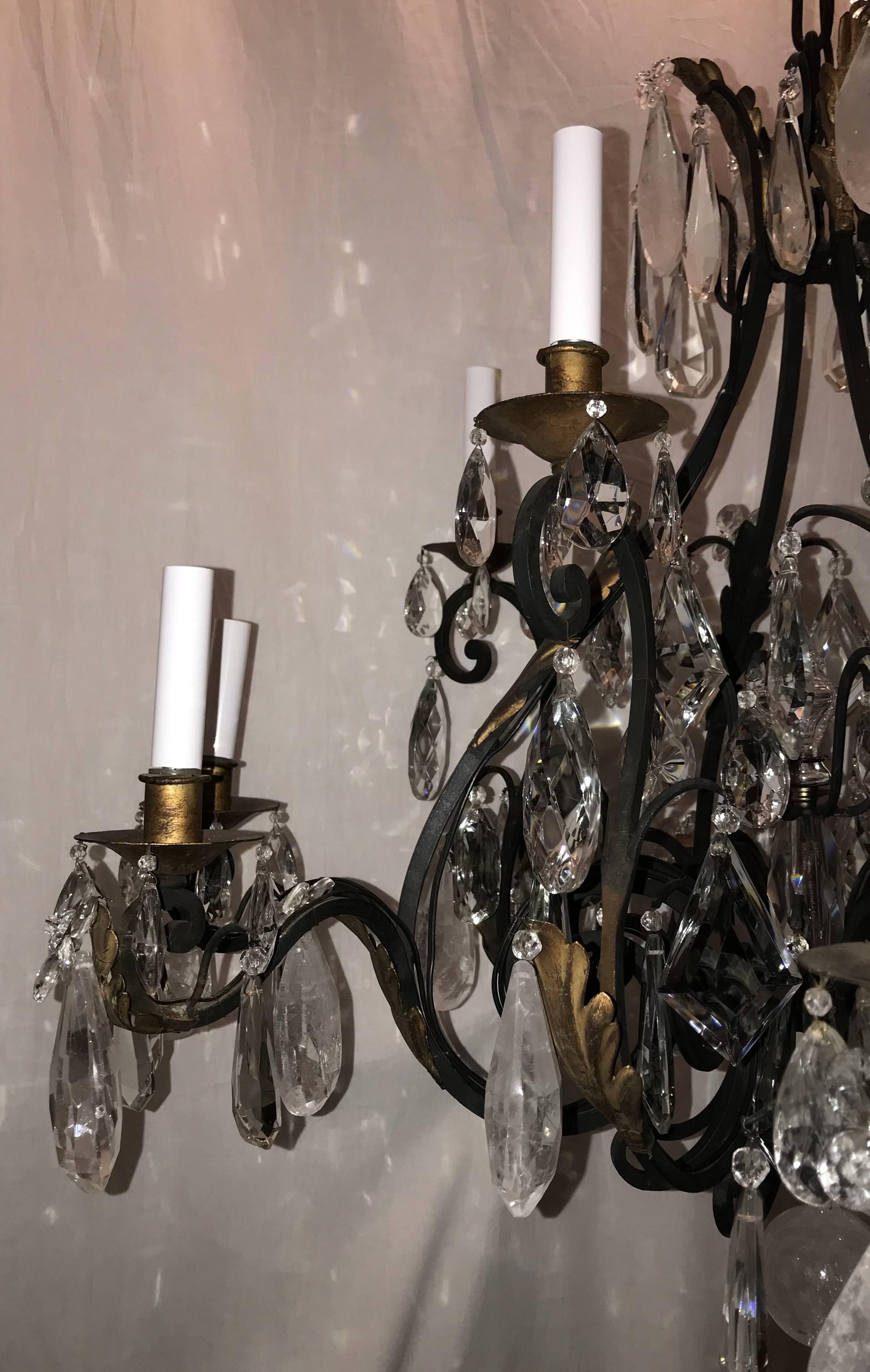 Mid-20th Century Wonderful Large Maison Baguès Louis XV French Iron Gilt Rock Crystal Chandelier For Sale