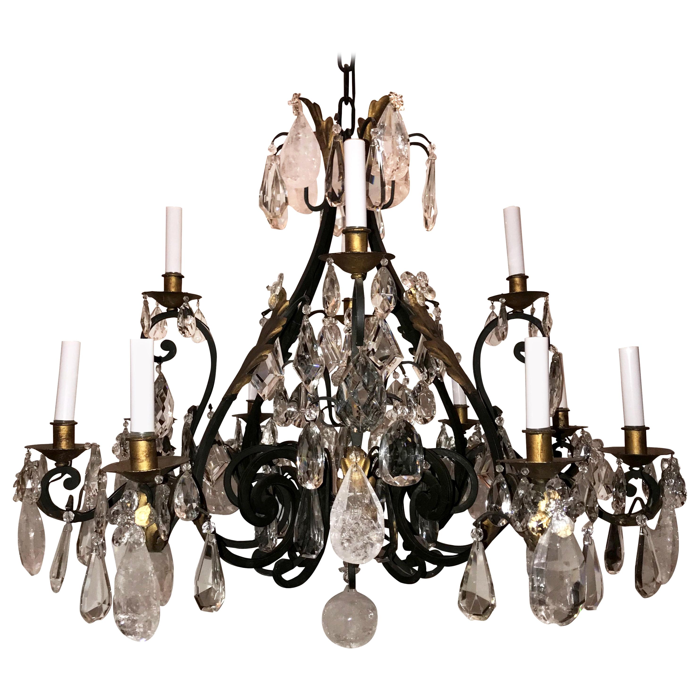 Wonderful Large Maison Baguès Louis XV French Iron Gilt Rock Crystal Chandelier