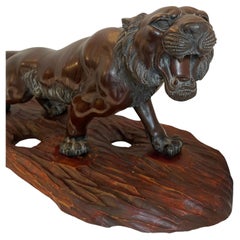 Wonderful Large Meiji Bronze Japanese Tiger Sculpture Okimono Wood Carved Base