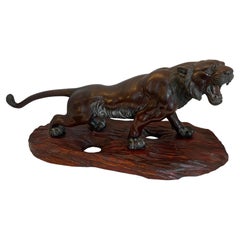 Wonderful Large Meiji Bronze Japanese Tiger Sculpture Okimono Wood Carved Base