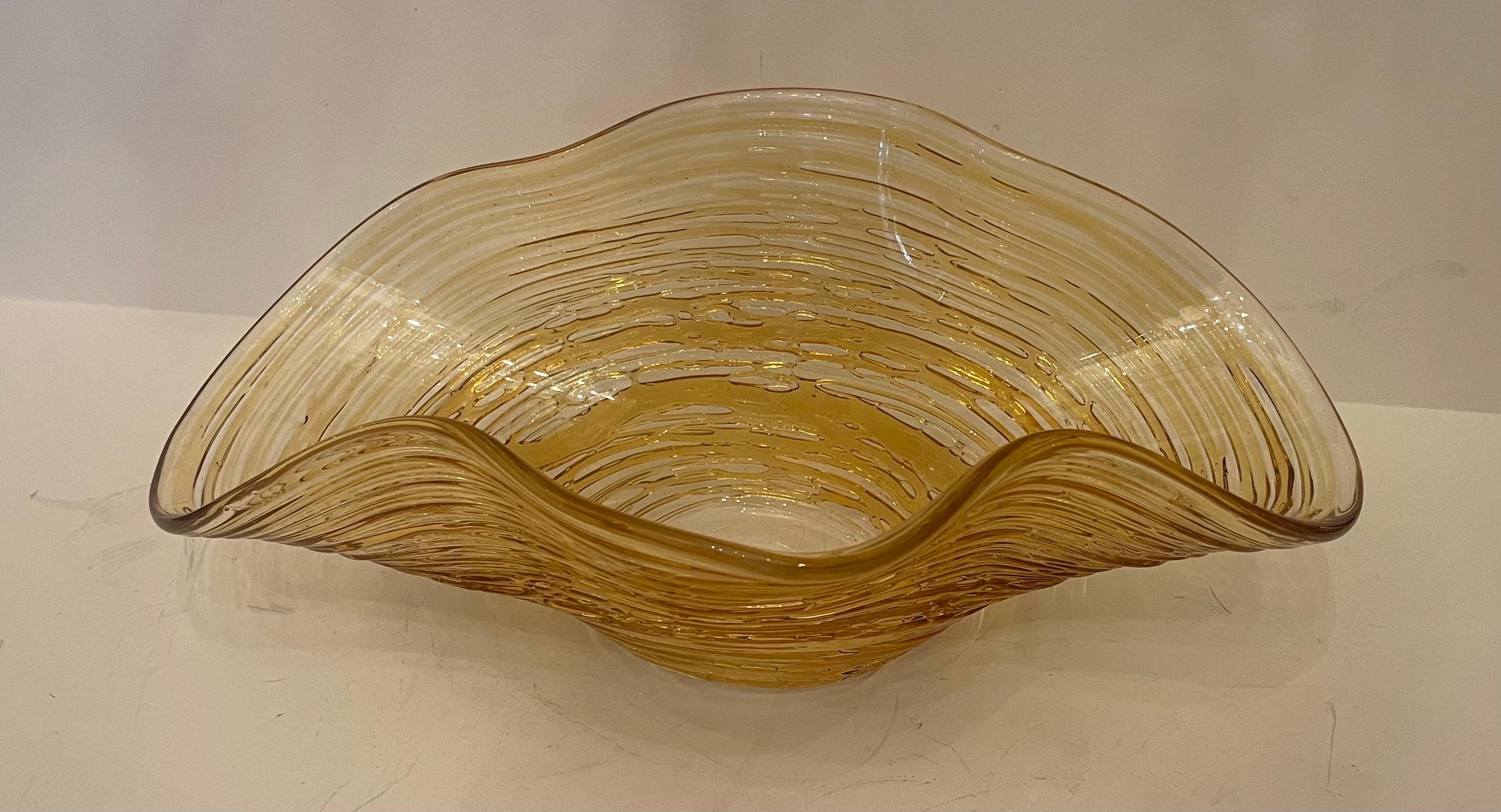 A Wonderful Large Mid Century Modern Murano Barovier & Toso Inspired Blown Oval Ruffle Form Gold Art Glass Centerpiece
