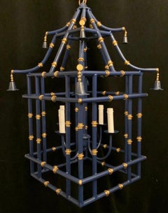 Wonderful Large Navy Blue Gold Gilt Pagoda Bamboo Chinoiserie Lantern Fixture