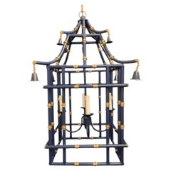 Wonderful Large Navy Blue Gold Gilt Pagoda Bamboo Chinoiserie Lantern Fixture