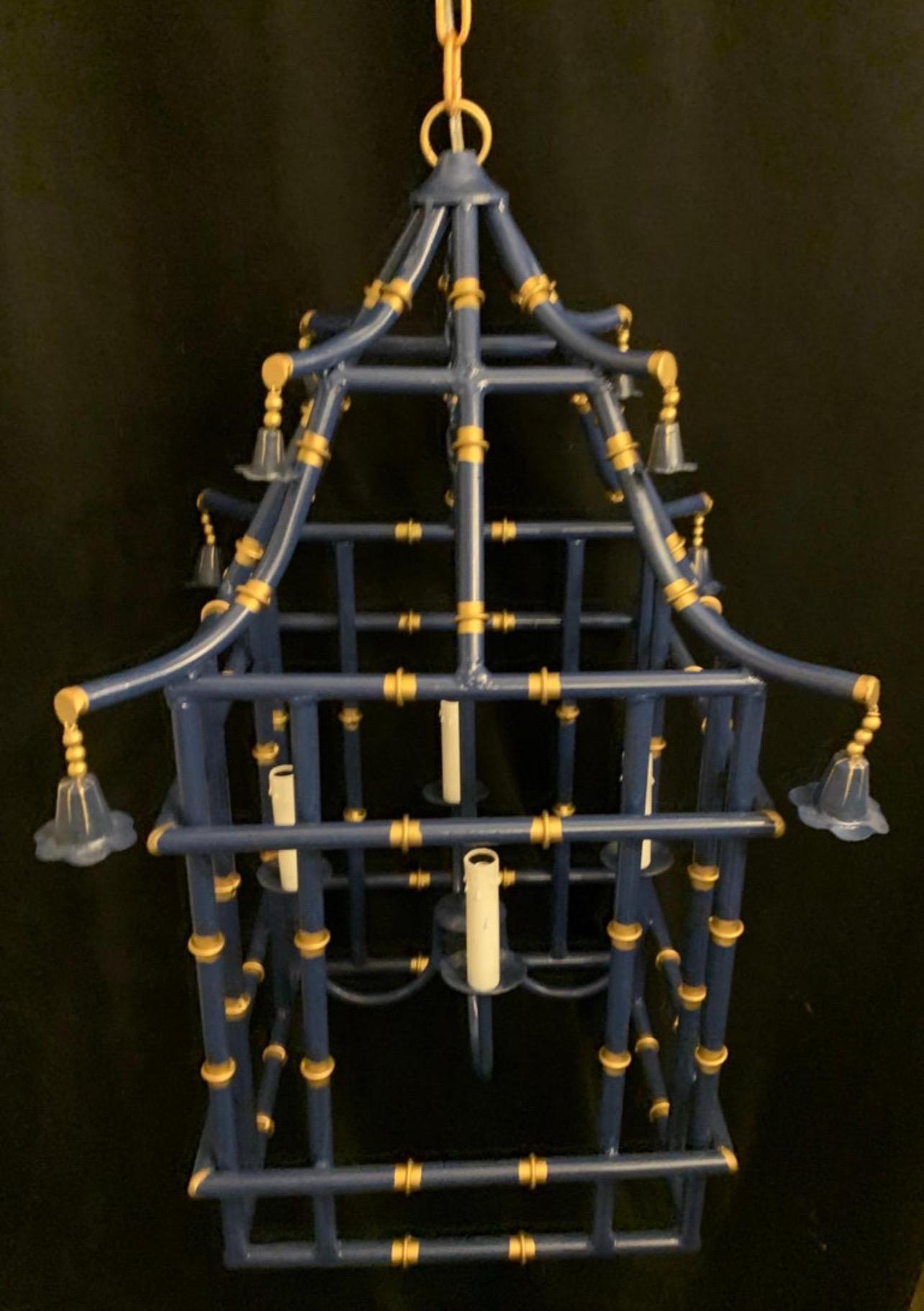 Italian Wonderful 3 Large Navy Blue Gold Gilt Pagoda Bamboo Chinoiserie Lantern Fixtures For Sale