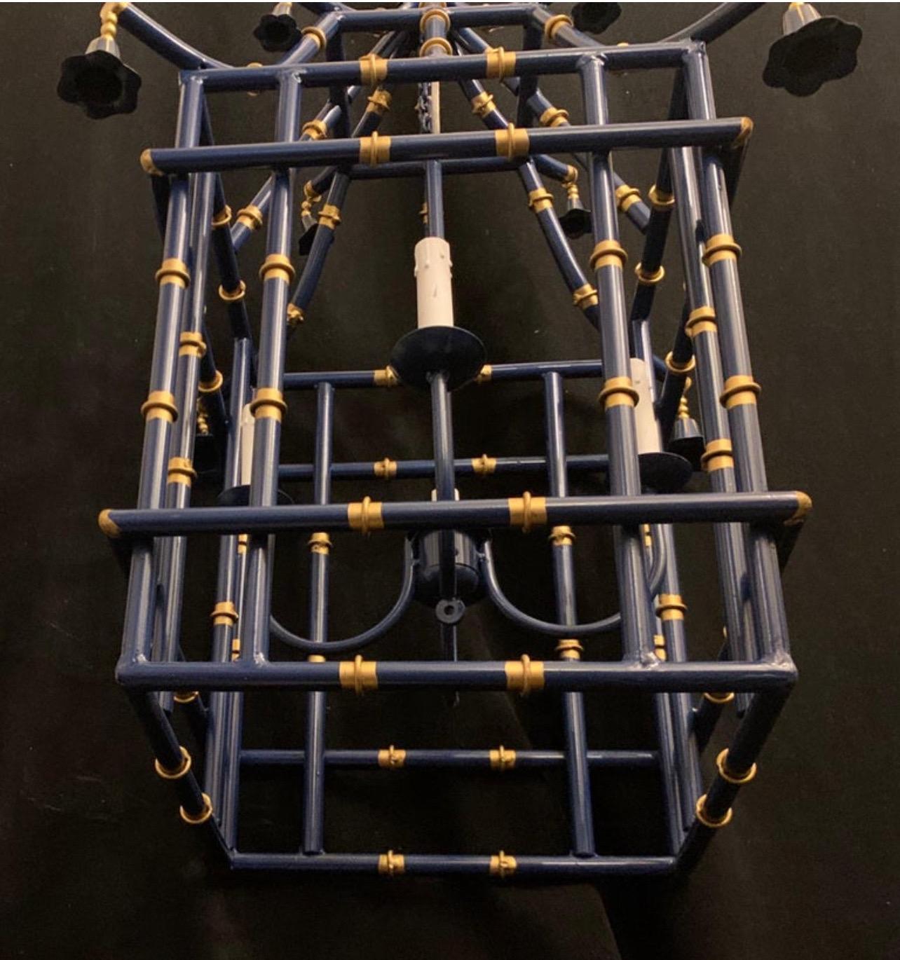 Painted Wonderful 3 Large Navy Blue Gold Gilt Pagoda Bamboo Chinoiserie Lantern Fixtures For Sale