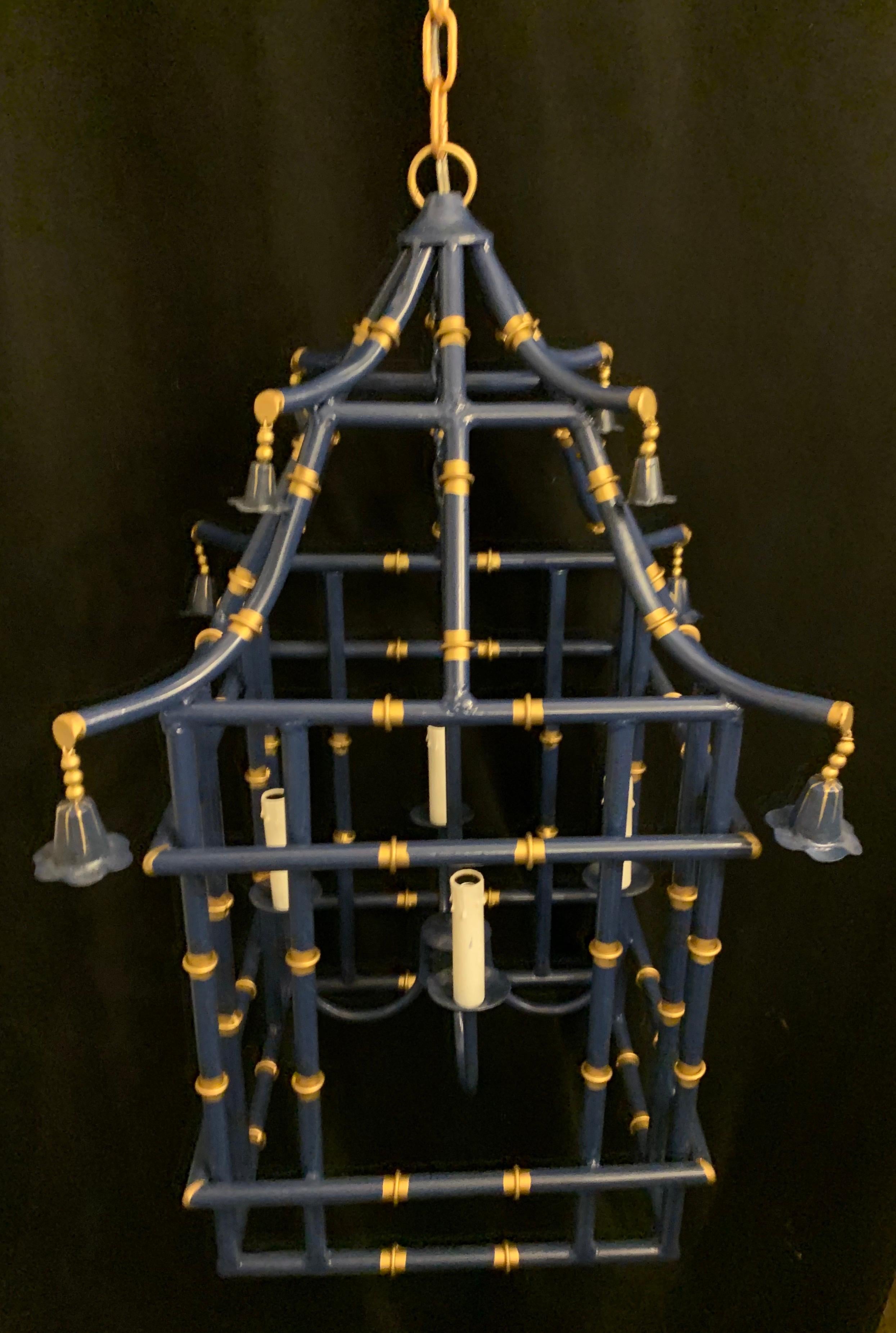 Italian Wonderful Large Navy Blue Gold Gilt Pagoda Bamboo Chinoiserie Lantern Fixtures