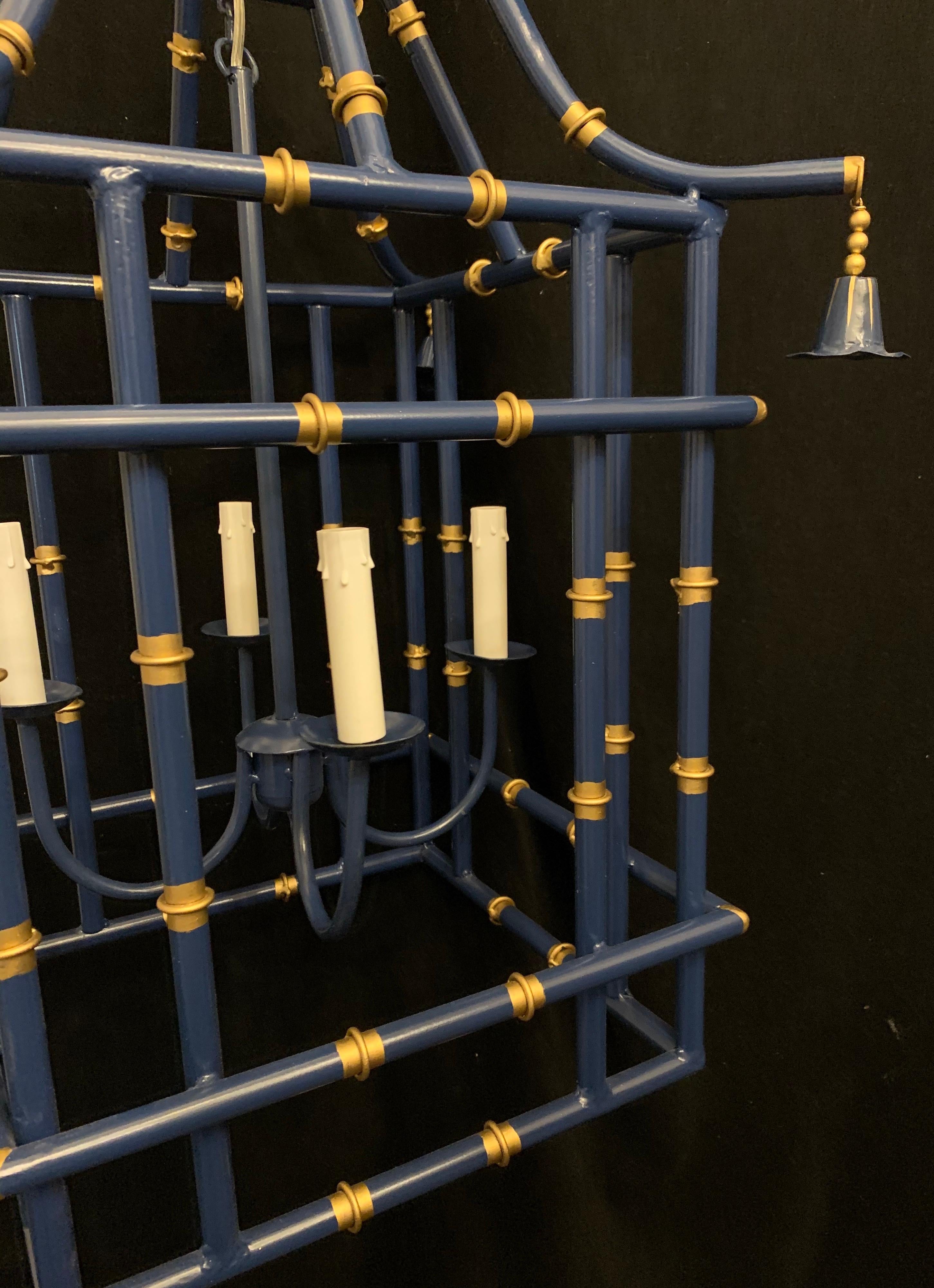 Painted Wonderful Large Navy Blue Gold Gilt Pagoda Bamboo Chinoiserie Lantern Fixtures