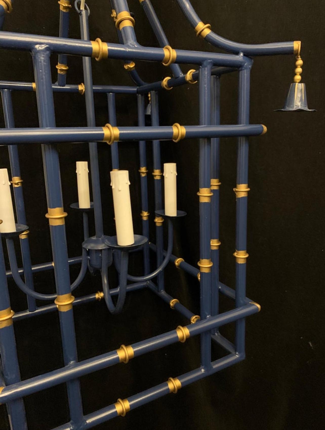 20th Century Wonderful 3 Large Navy Blue Gold Gilt Pagoda Bamboo Chinoiserie Lantern Fixtures For Sale