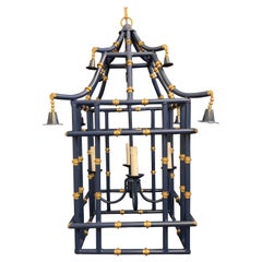 Wonderful Large Navy Blue Gold Gilt Pagoda Bamboo Chinoiserie Lantern Fixtures