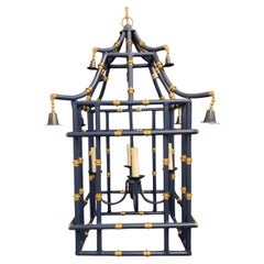 Wonderful 3 Large Navy Blue Gold Gilt Pagoda Bamboo Chinoiserie Lantern Fixtures