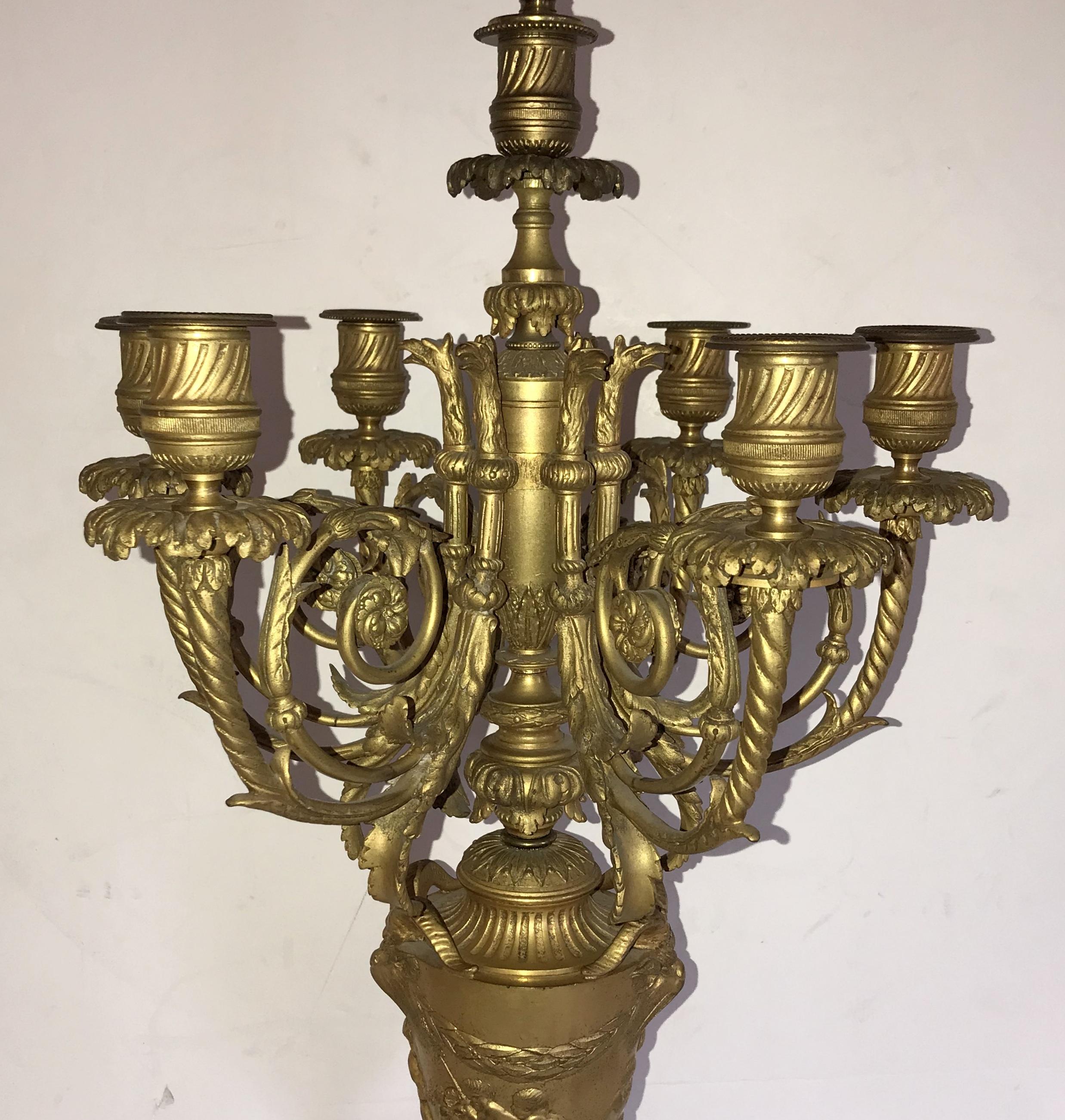 French Wonderful Large Pair 19th Century Louis XVI Ormolu Rouge Marble Candelabra Lamps