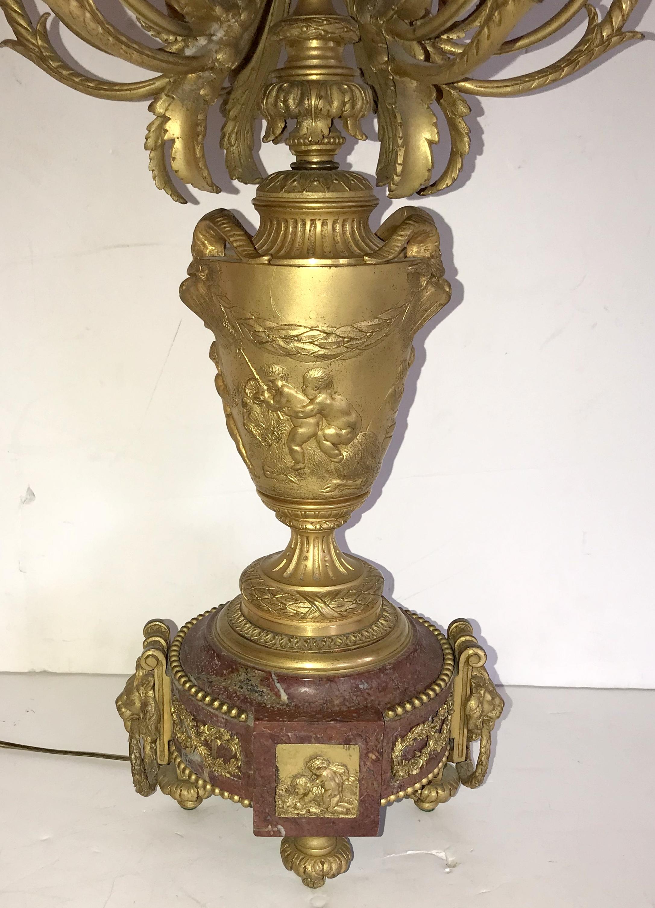 Gilt Wonderful Large Pair 19th Century Louis XVI Ormolu Rouge Marble Candelabra Lamps