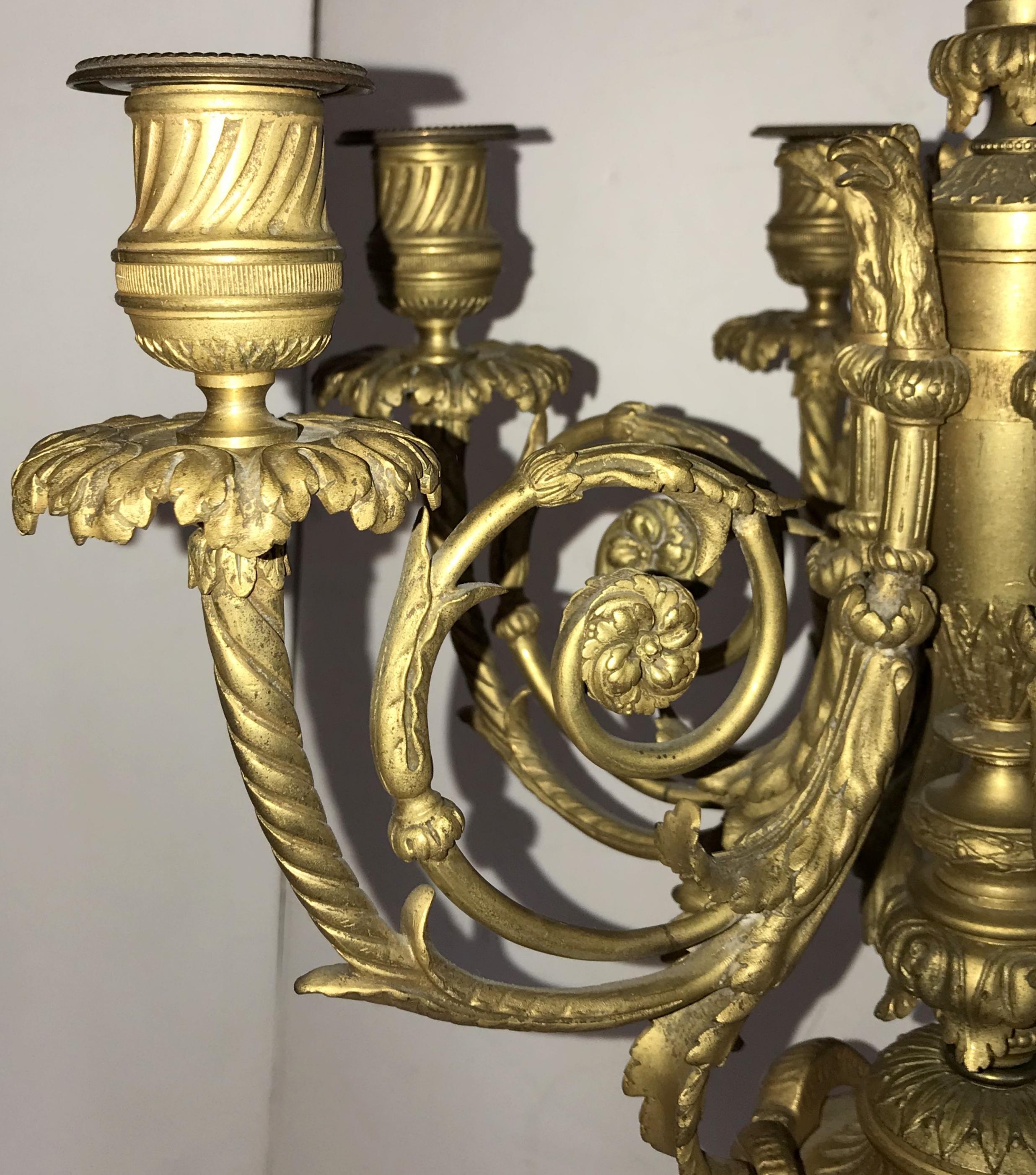 Wonderful Large Pair 19th Century Louis XVI Ormolu Rouge Marble Candelabra Lamps In Good Condition In Roslyn, NY