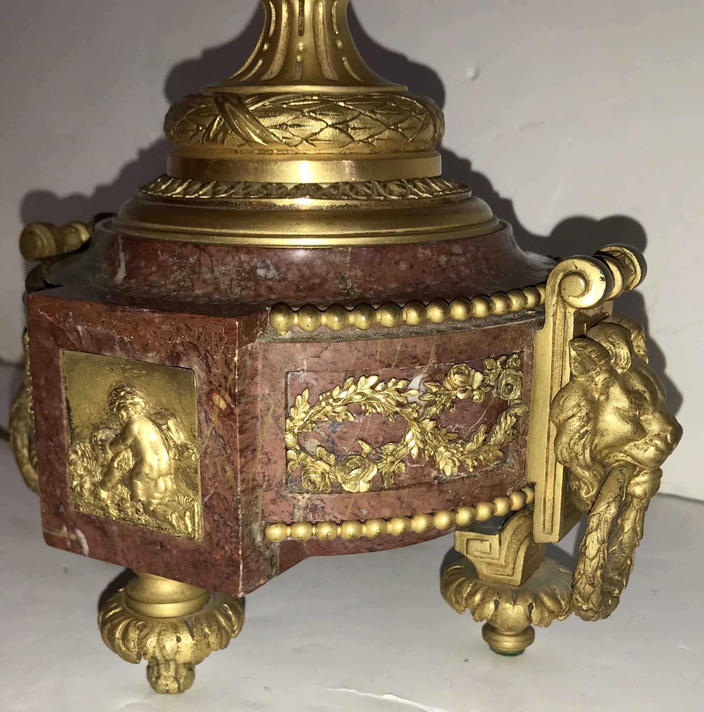 Bronze Wonderful Large Pair 19th Century Louis XVI Ormolu Rouge Marble Candelabra Lamps