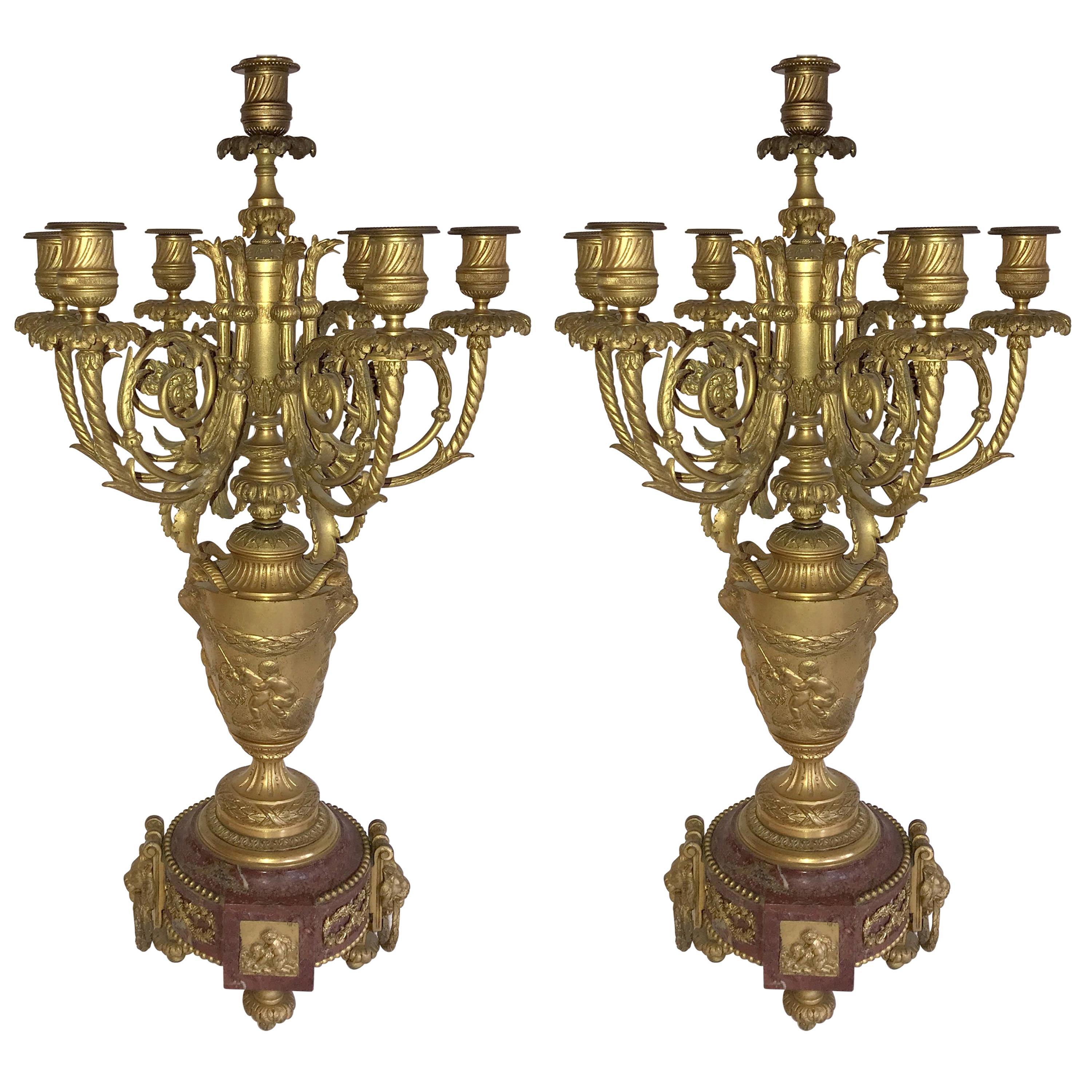 Wonderful Large Pair 19th Century Louis XVI Ormolu Rouge Marble Candelabra Lamps