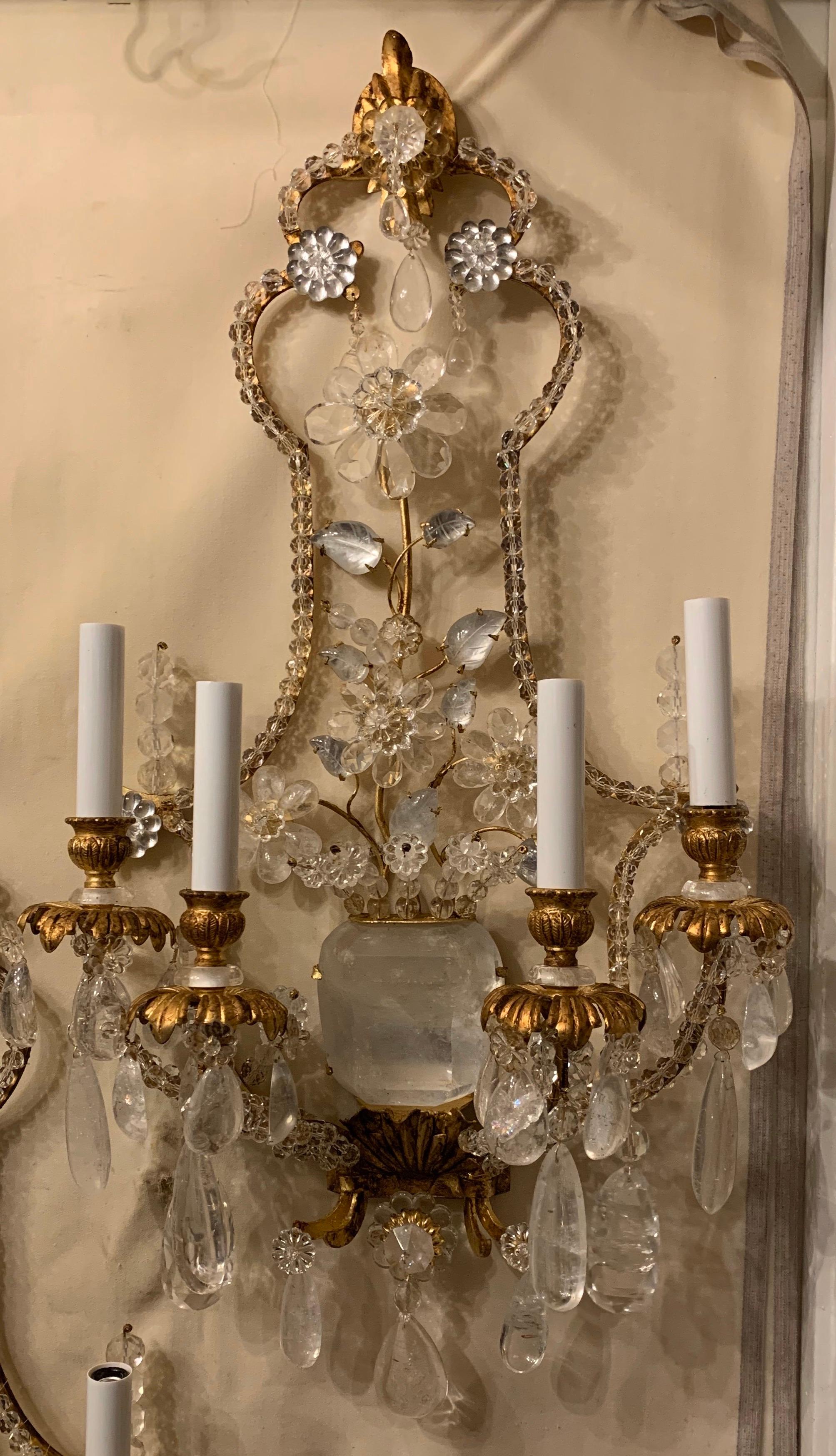 A wonderful large pair of Baguès style rock crystal urn and flower form beaded 4 candelabra gilt sconces.