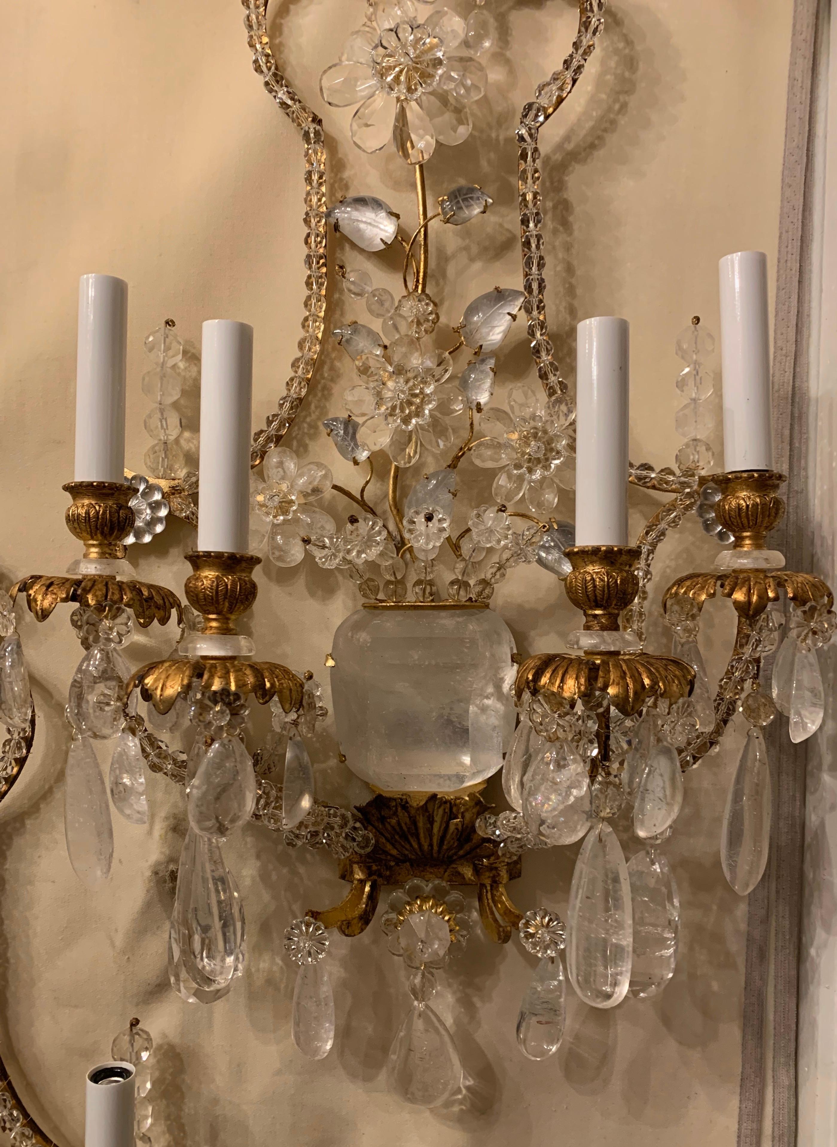 Wonderful Large Baguès Rock Crystal Urn Flower Form Beaded 4 Light Sconces, Pair In Good Condition For Sale In Roslyn, NY