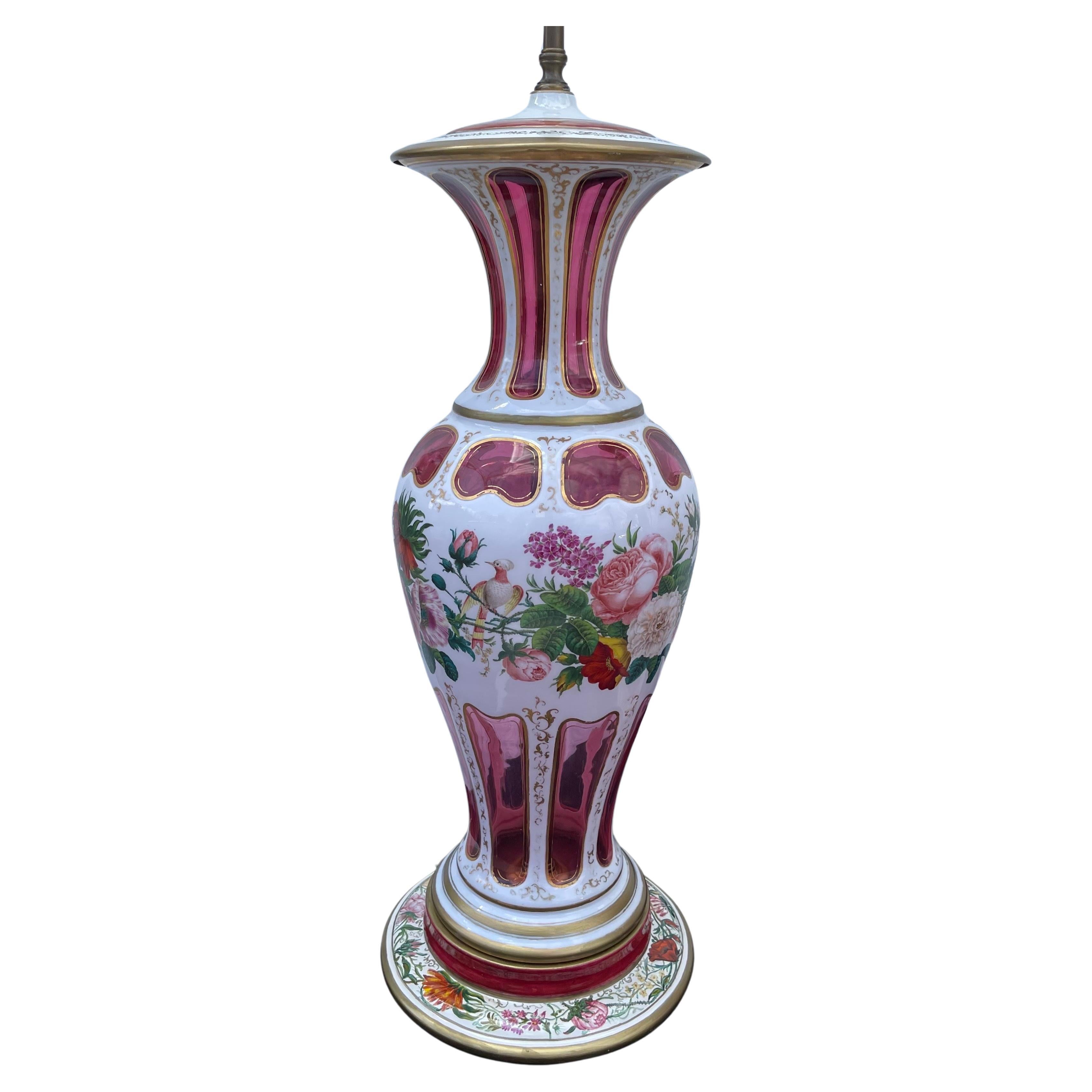 A Wonderful Large Pair Of Bohemian Cranberry Glass With Hand Painting Lamps, The Vases Alone Are 21