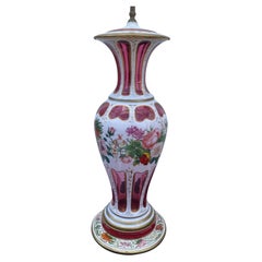 Wonderful Large Pair Bohemian Cranberry Glass Hand Painted Lamps Vases